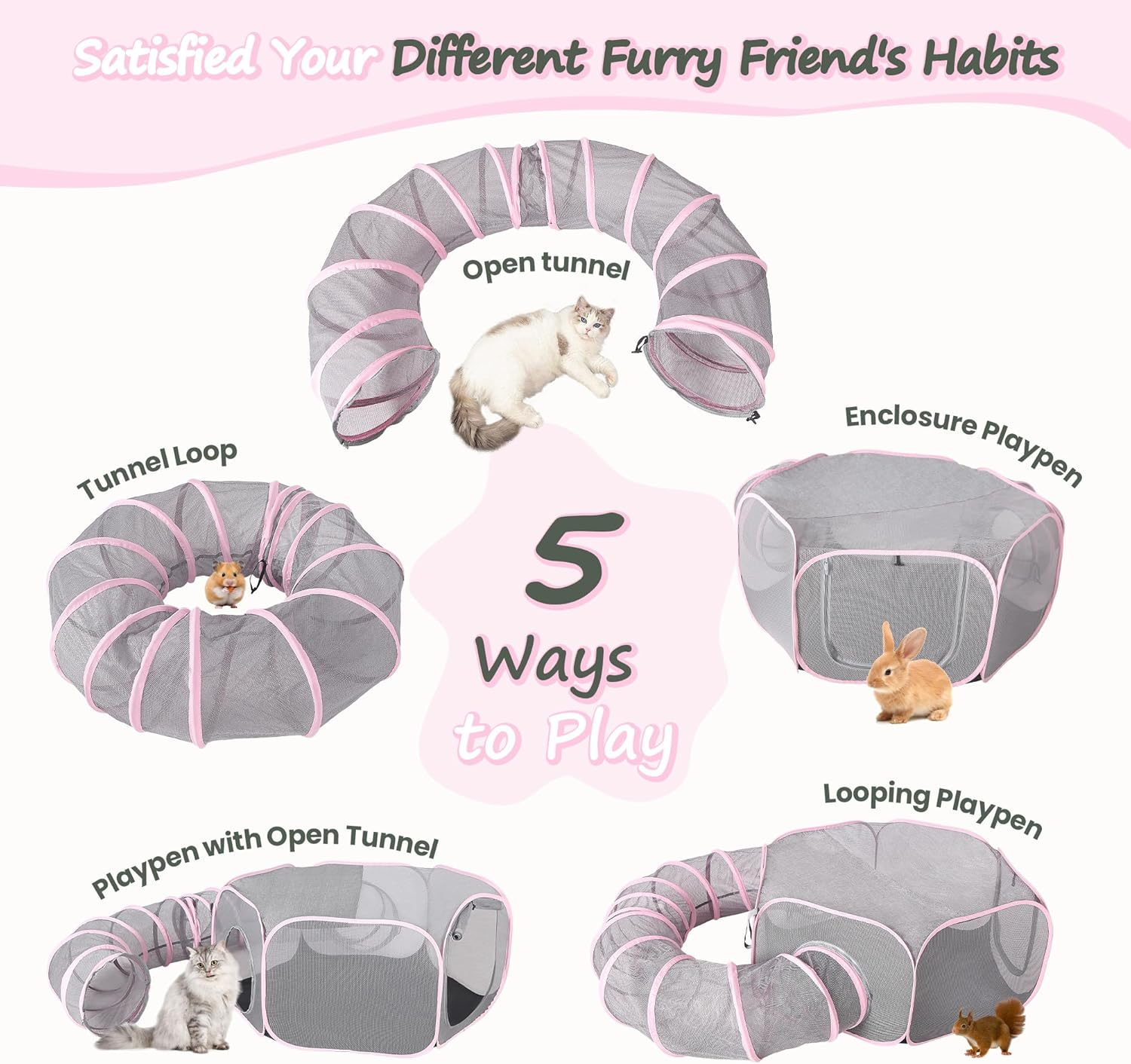 X-ZONE PET Outdoor Cat Enclosure, Portable Catio Playground, Enclosed Tent Playpen Tunnel for Indoor Cats & Small Animals, with Bag Storage 45 Inch Pink