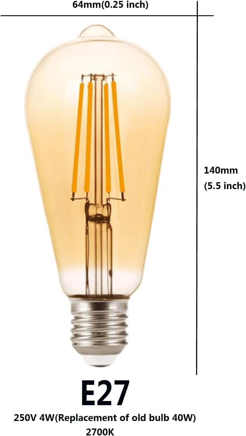 LED E27 Screw Light Bulb |Warm White 2700K 4W Vintage Edison Bulb |ST64 Dimmable Amber LED Replacement for 40W Incandescent Equivalent (4 PCS Amber Bulbs) image number 4