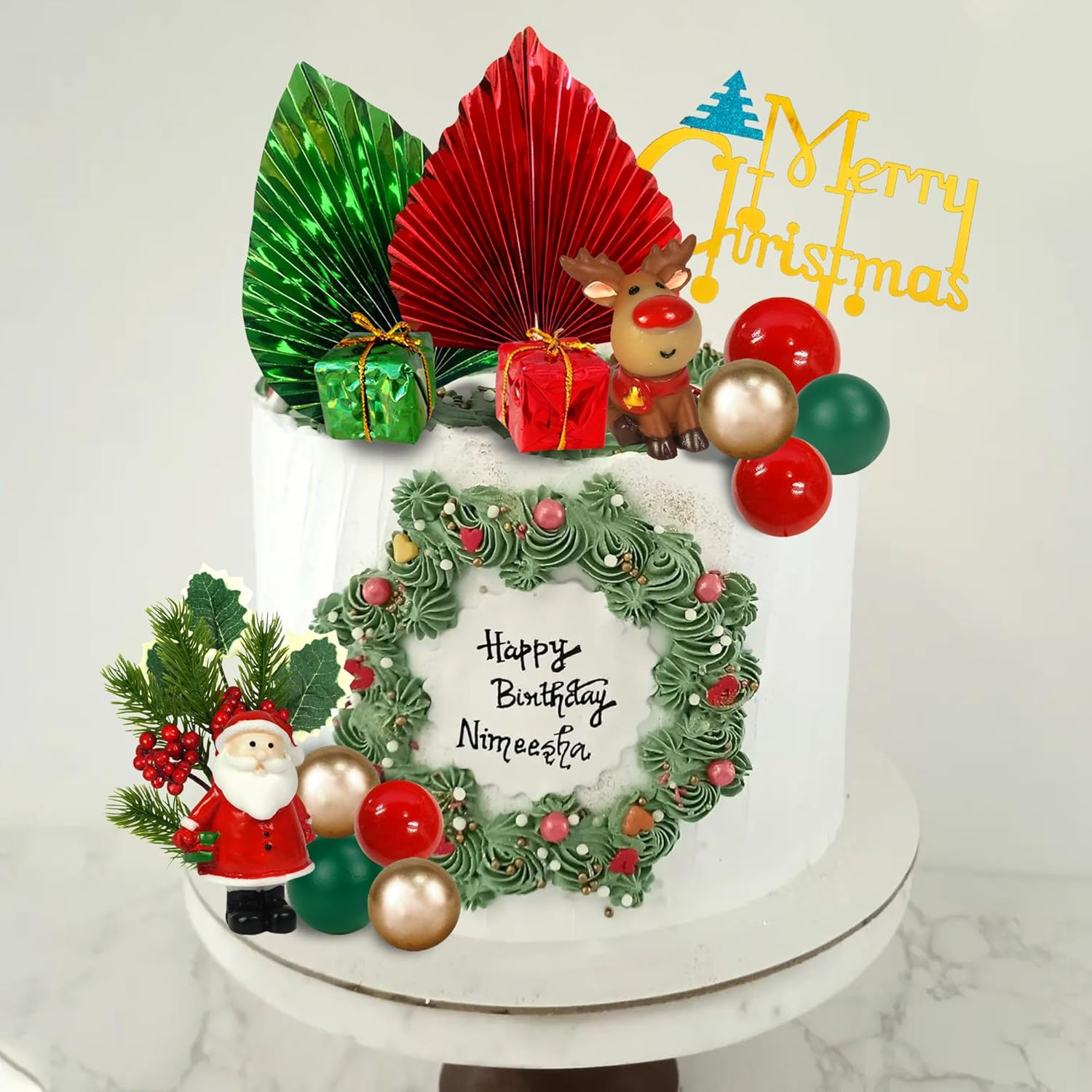 20 PCS Christmas Cake Toppers Merry Cake Decoration with Green Red Palms Tree Mini Santa Reindeer for Christmas Themed Birthday (Style 1) image number 1