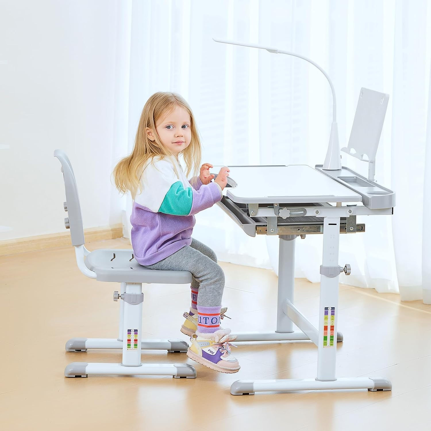 Desk and Chair Set Height Adjustable up to 30" Ergonomic Kids Desk School, Kids Table and Chairs for Student 27" X 20" Tabletop with Pencil Drawer, 3-10 Age Children, Grey image number 5