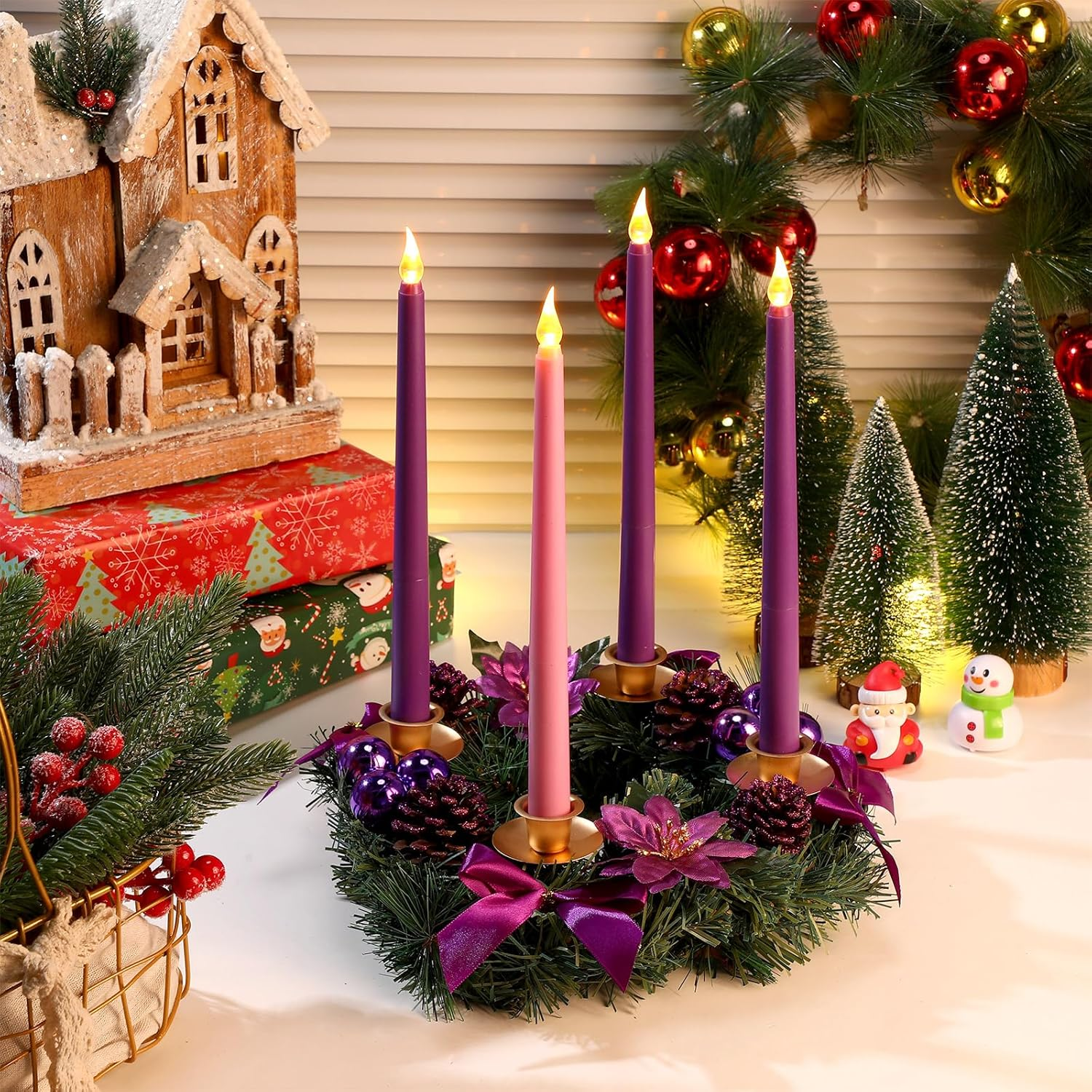 Fumete 2 Set Christmas Advent Wreath 11.8 Inch Purple Ribbon Poinsettia Ball Berry Advent Candle Holder with 8 Flameless Taper Candles for Table Centerpiece Decoration Holiday Party Home Church image number 6