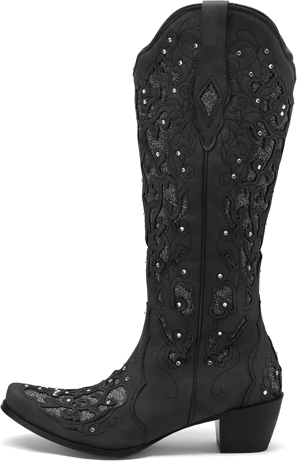 Sarairis Cowboy Boots for Women Cowgirl Boots Western Boots Chunky Heel Pointed Toe Pull on Rhinestones Embroidered Knee High Boots Mid Calf Boots image number 5