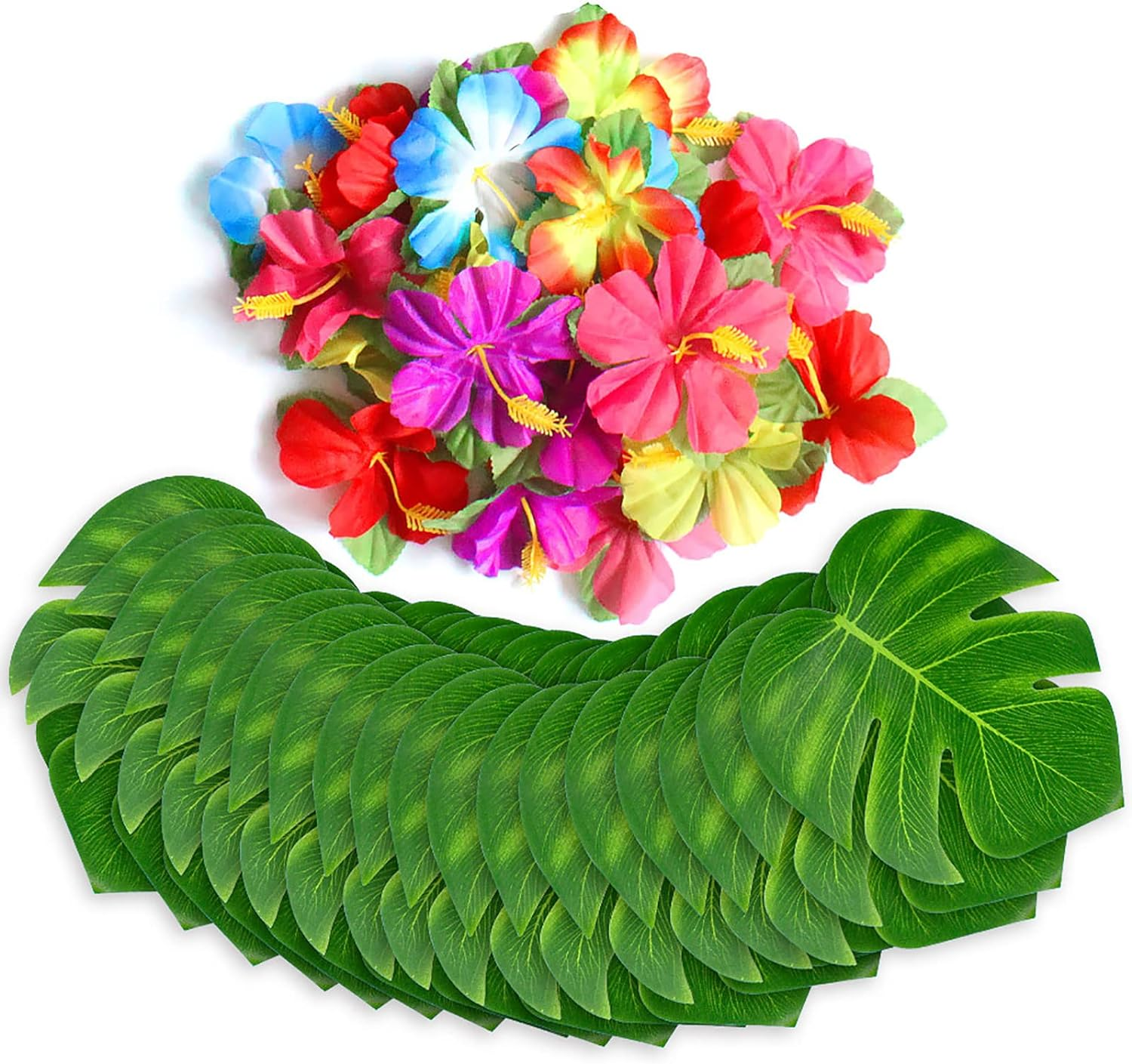 60Pcs Tropical Party Decorations Supplies Tropical Palm Leaves Hibiscus Flowers Simulation Artificial Leaf for Hawaiian Luau Safari Party Jungle Beach Theme BBQ Birthday Party Decorations Table Decor image number 4