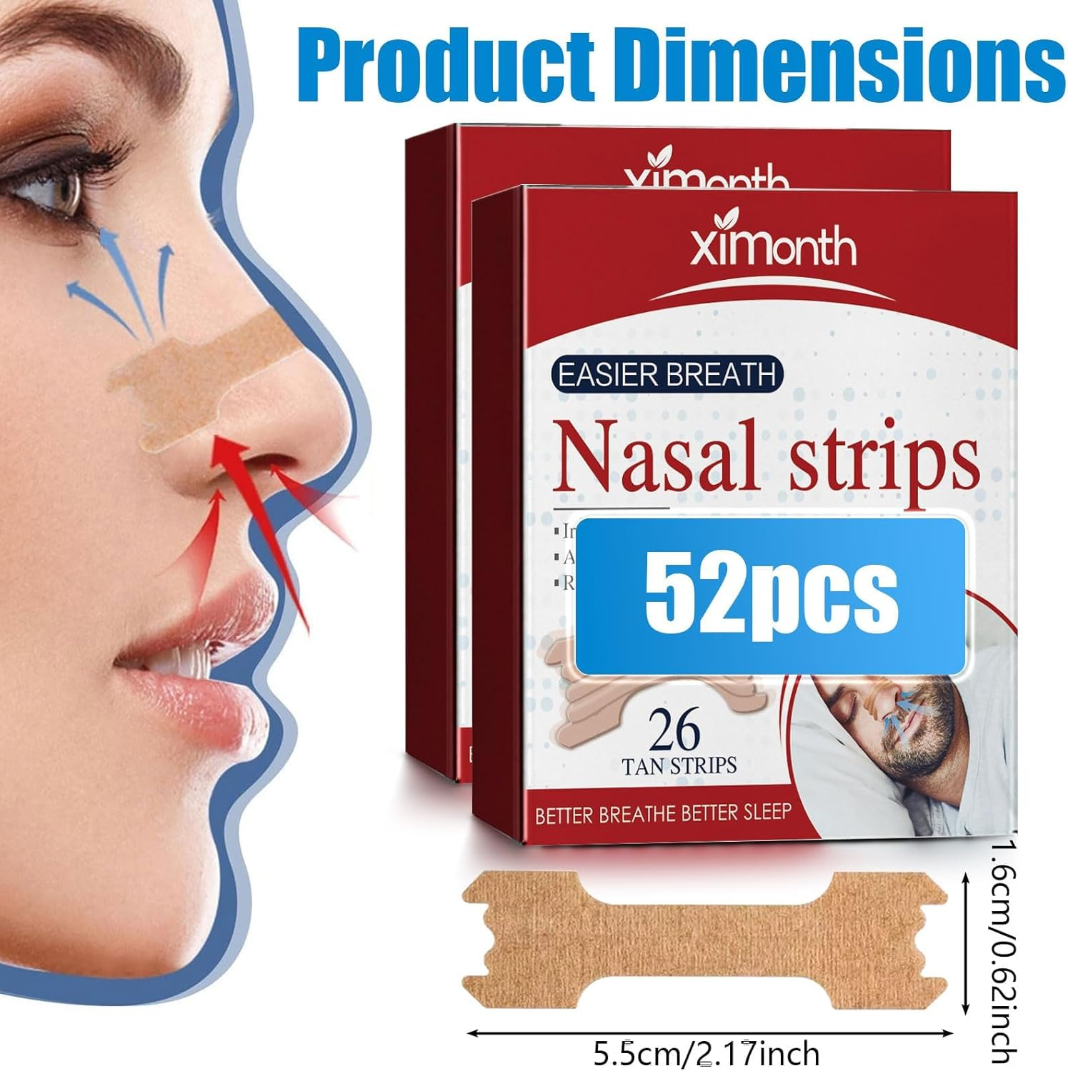 Nasal Strips, 52 Pcs Elastic Nasal Strips for Snoring, Nose Strips for Breathing Instant Relieves Nasal Congestion and Reduces Snoring image number 1