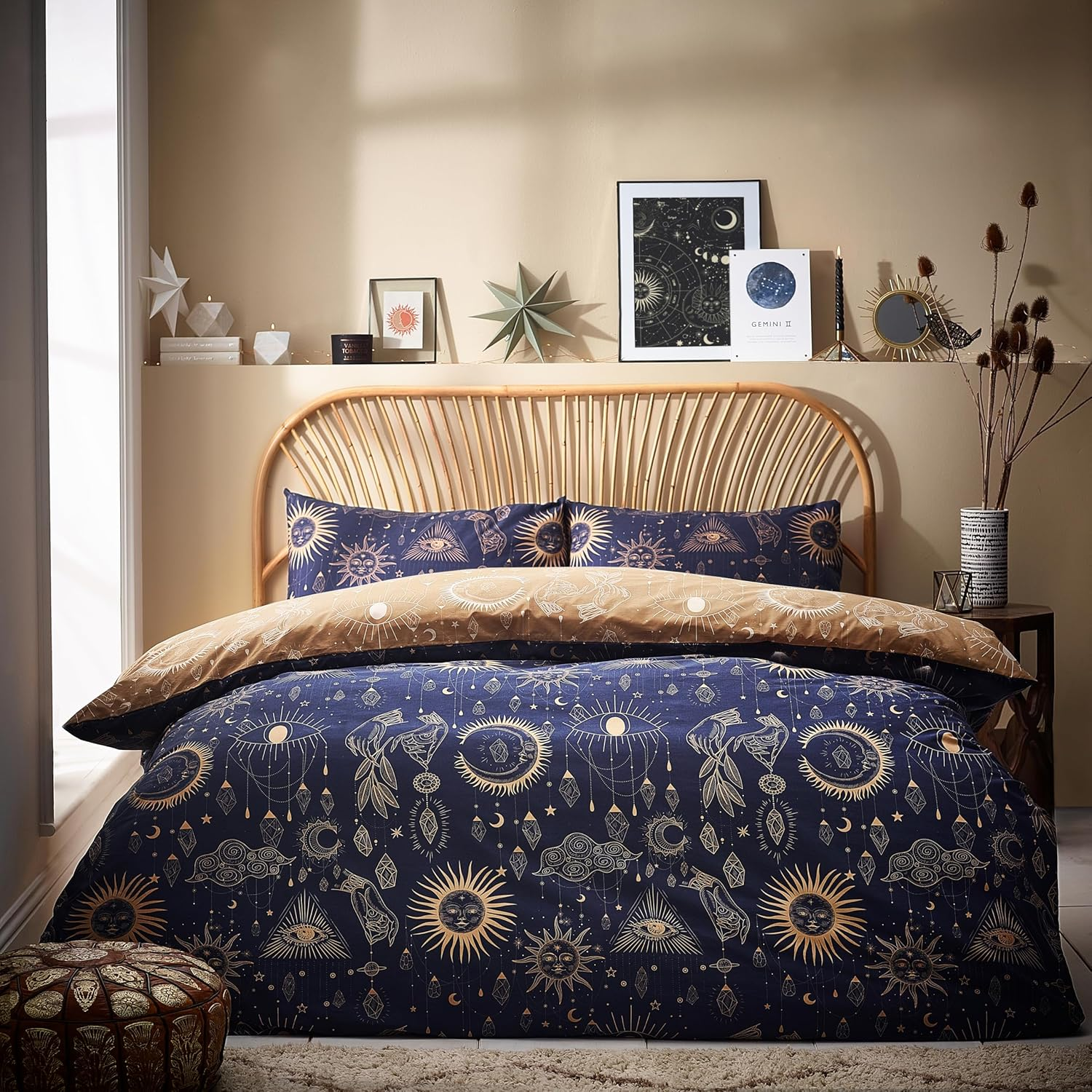 Furn. Constellation Duvet Cover Set &ndash; Celestial Galaxy Print with Stars & Moons, Reversible Polycotton Bedding (Gold/Navy &ndash; Super King)
