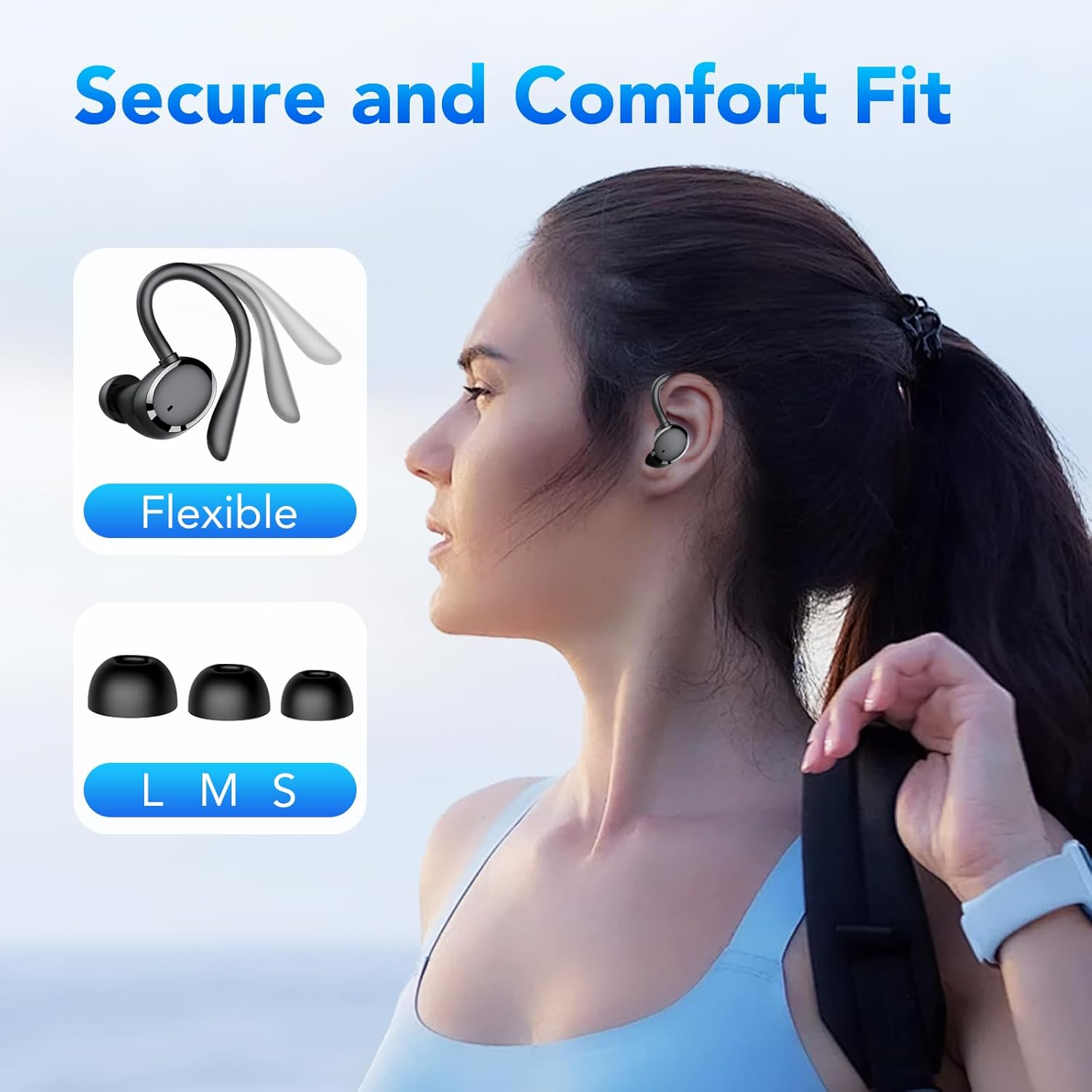 Wireless Earbuds, Bluetooth 5.3 Headphones with Earhook, 72Hrs Playtime, 4 ENC Noise Cancelling Mic, Deep Bass, LED Display, IP7 Waterproof,Over Ear Buds for Workout, Travel, Sport, Dark Black