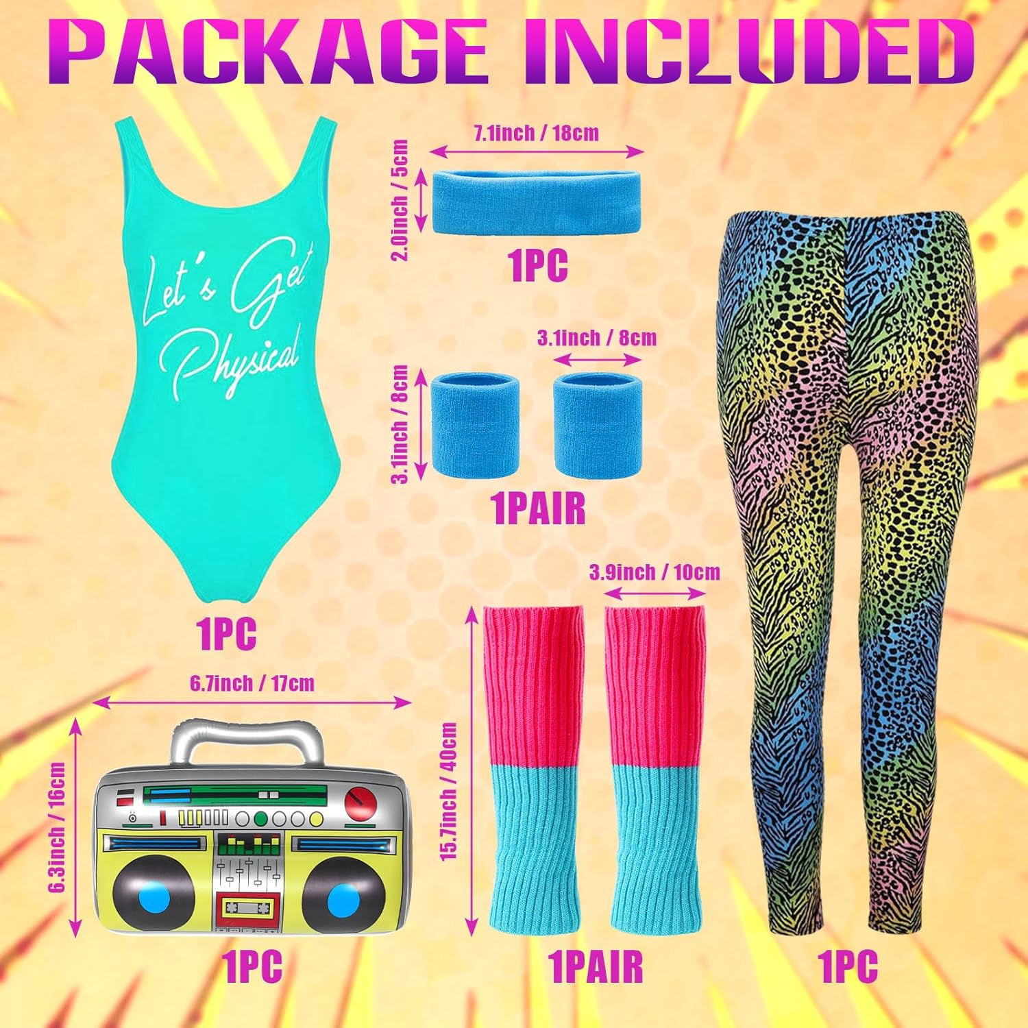 80S Costume Women 80S Workout Costume 70S 90S Retro Tracksuit with Vest Bottoms Leg Warmers Inflatable Radio Wrist Wraps Headband Set for 1980 Retro Parties Hen Do Parties Ladies