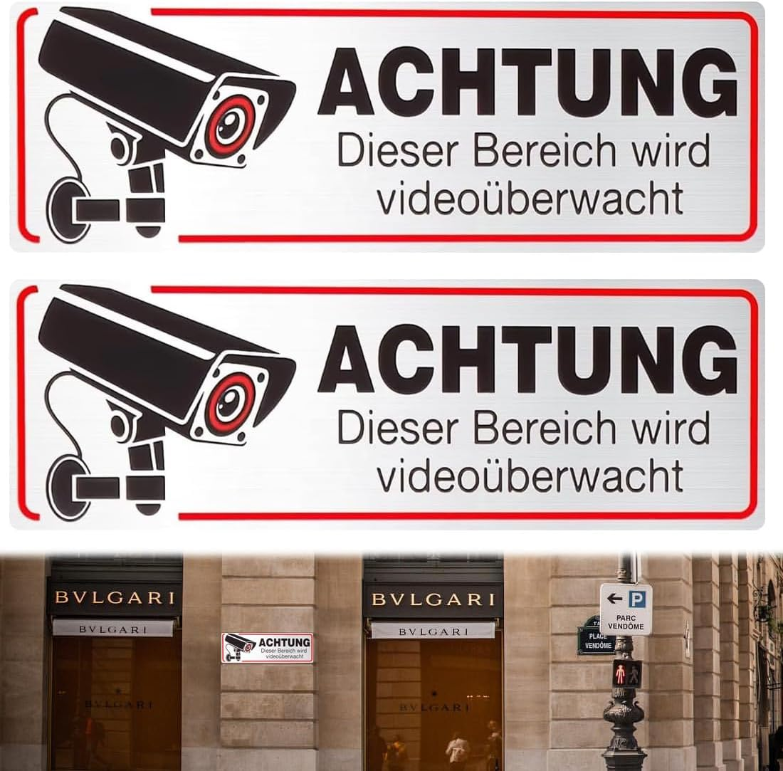 IEBTAWN Set of 2 Sign Video Surveillance Private Property Self-Adhesive 12 X 4 Cm Small Aluminium Security Area Property Video Surveillance Metal Sign for Indoor and Outdoor image number 2
