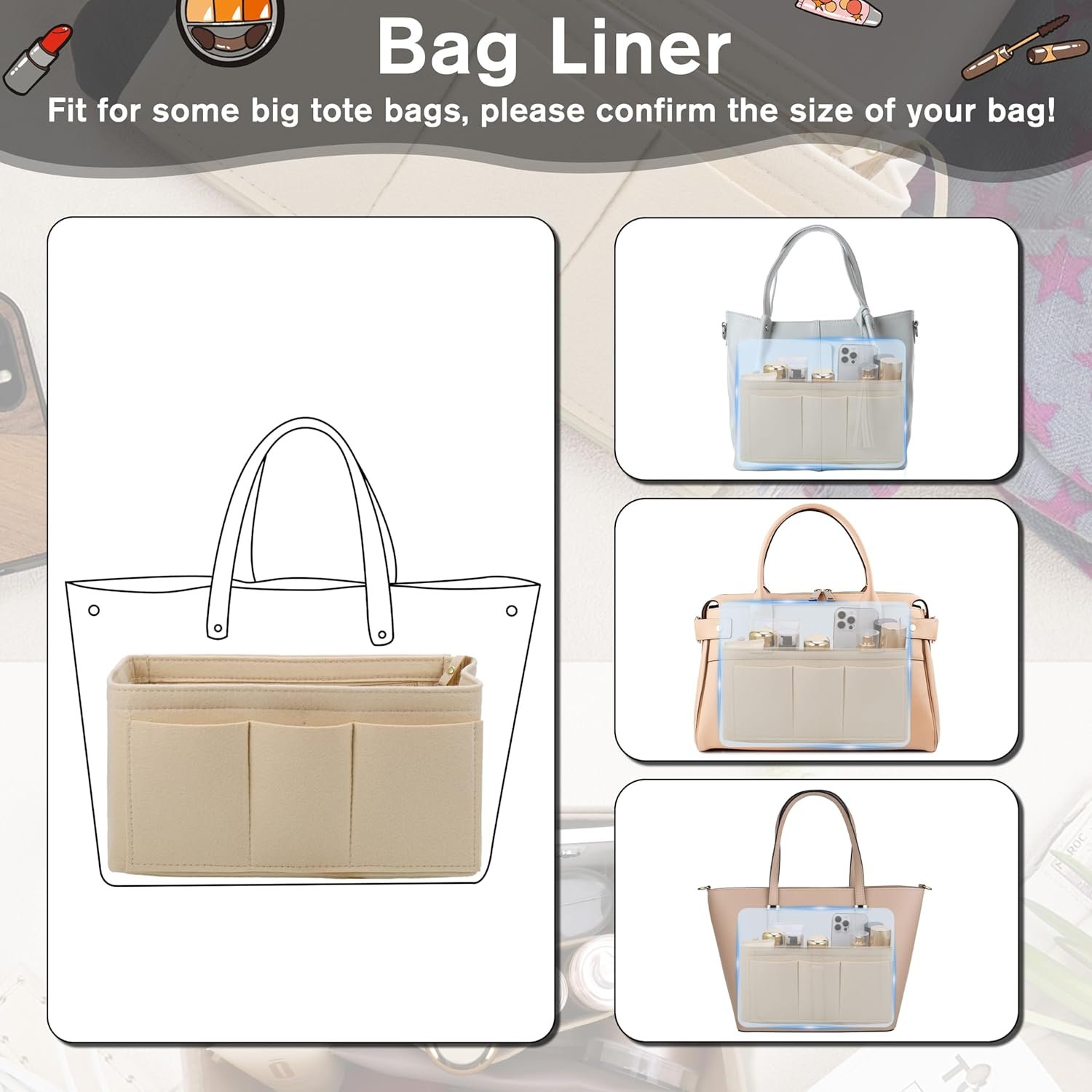 Hejo Handbag Organiser, Felt Bag Organiser, Bag in Bag Organiser, Bag Organiser Shopper, Multi-Pocket Handbag Inner Pocket for Women Girls (Beige, M) - Beige image number 2