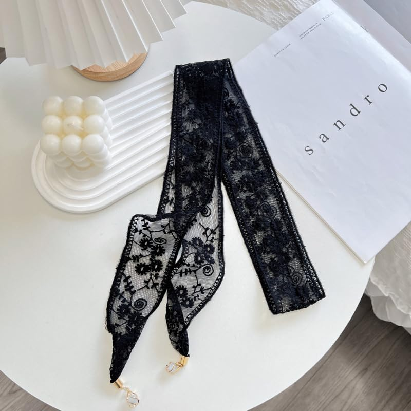 FUNNTY Head Scarf for Women Lace Hair Bandana Headband 80S Long Hair Ribbon for Neck Purse Scarf Lace Embroidery Hair Ties for Braid Vintage Hair Ribbons for Ponytail, Black image number 3