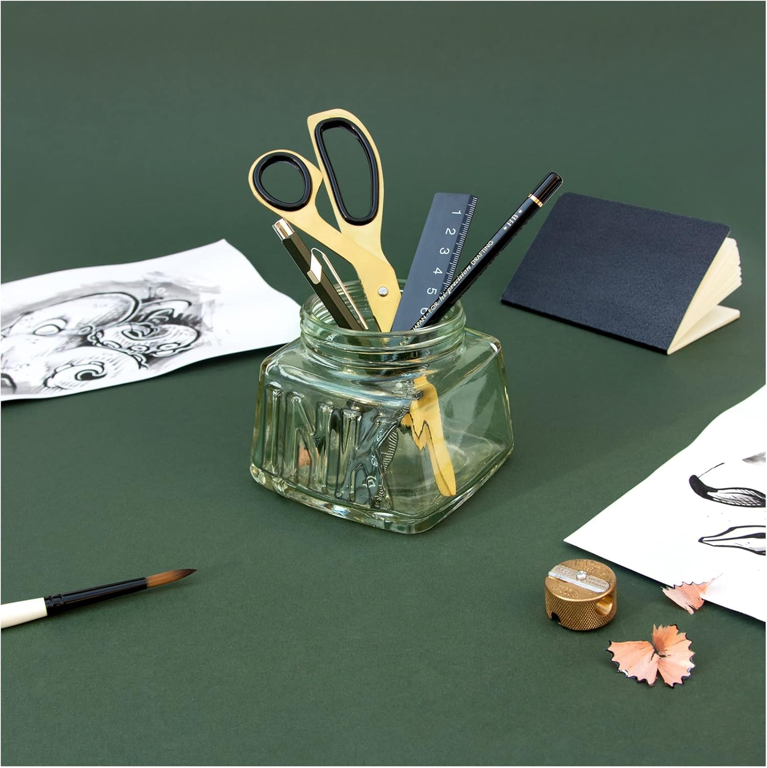 Suck UK Desk Tidy Inkwell | Glass Pen Pot & Pencil Pot | Pen Holder & Makeup Brush Holder | Office & Desk Accessories