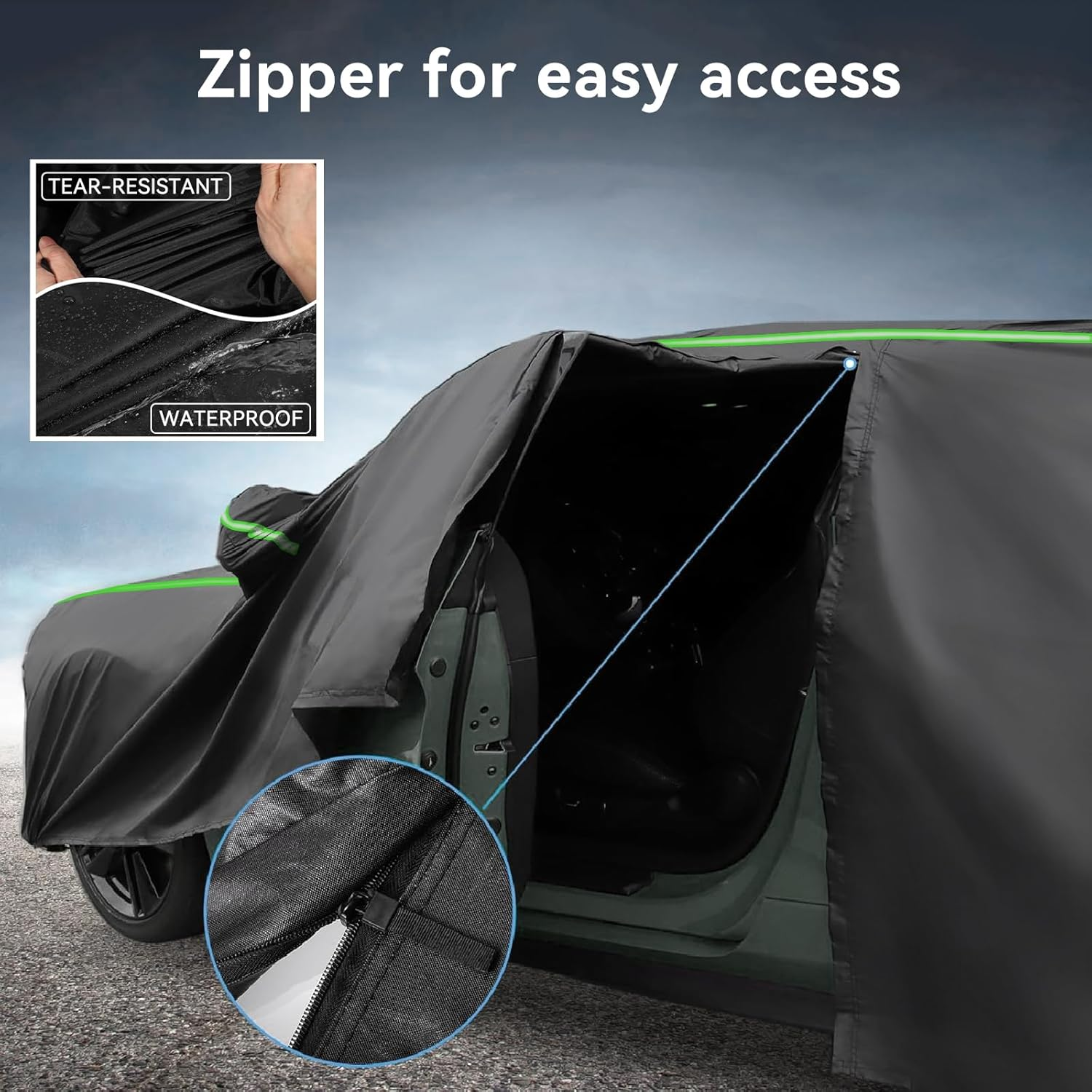 Velomira SUV Car Cover, Waterproof with Cotton Lining, Zippers & Reflective Strips Uv-Resistant, Snowproof, Scratch-Resistant, Outdoor Use Compatible with Models Measuring 520X200X180Cm (Black Green) image number 1