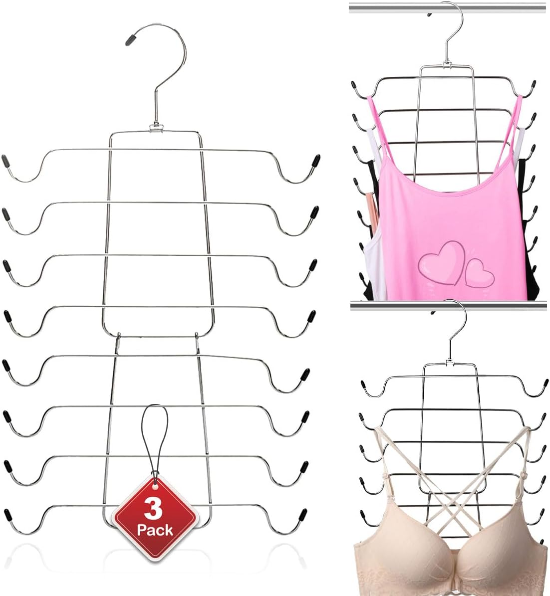 8 Tiers Foldable Bra Hanger/Camisole Hanger, Space Saving Hangers Closet Organizer for Strap Dress, Tank Top, Camisole, Bra, Pajamas, Bathing Suit, Ties and More (3 Pack)
