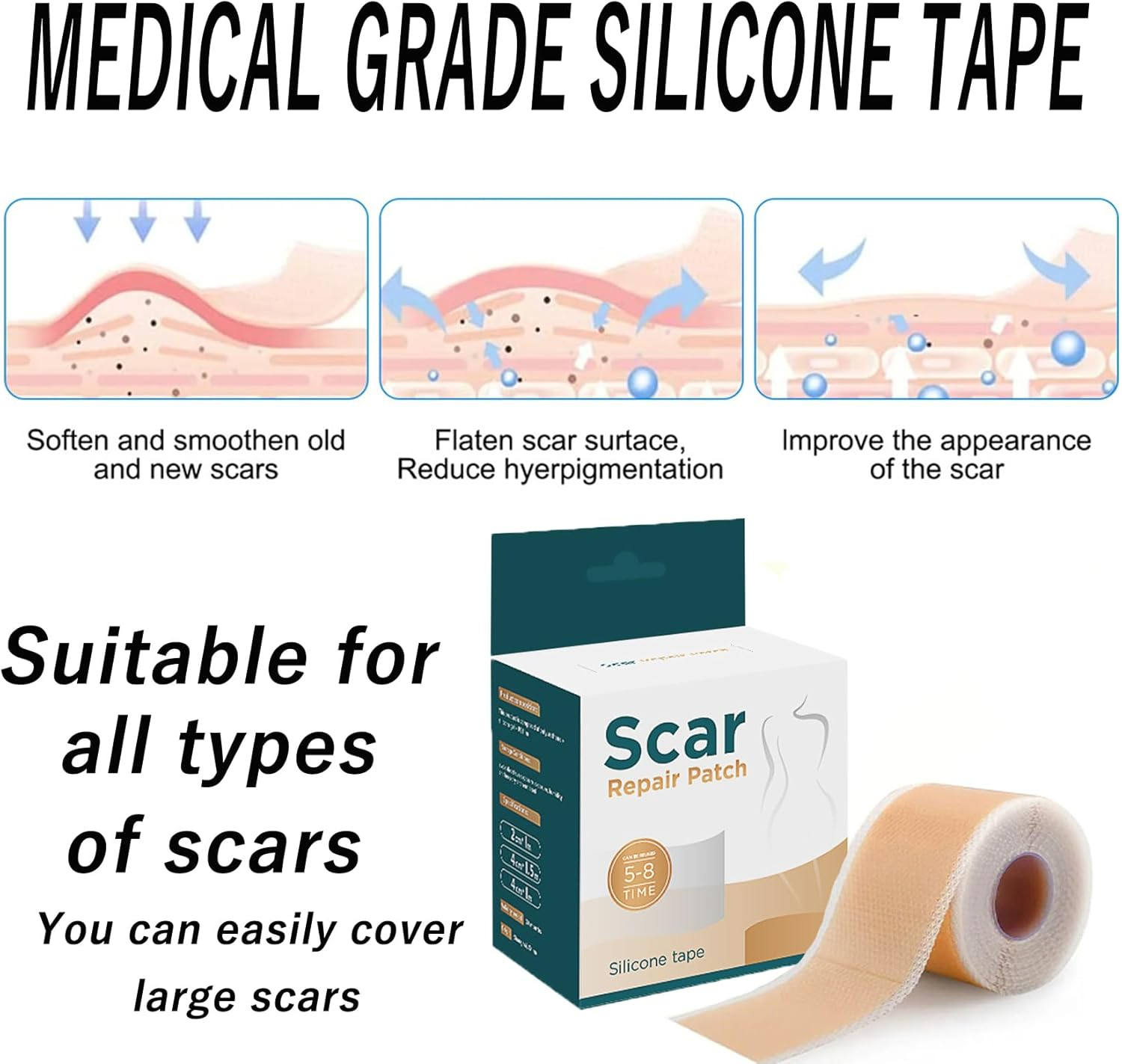 Silicone Scar Sheets Roll (1.6&rdquo;X60&rdquo; | 4Cmx150Cm) Medical Grade Reusable & Waterproof Scar Removal Patch Scar Tape for Keloid C-Section Burns and Acne Scars image number 6