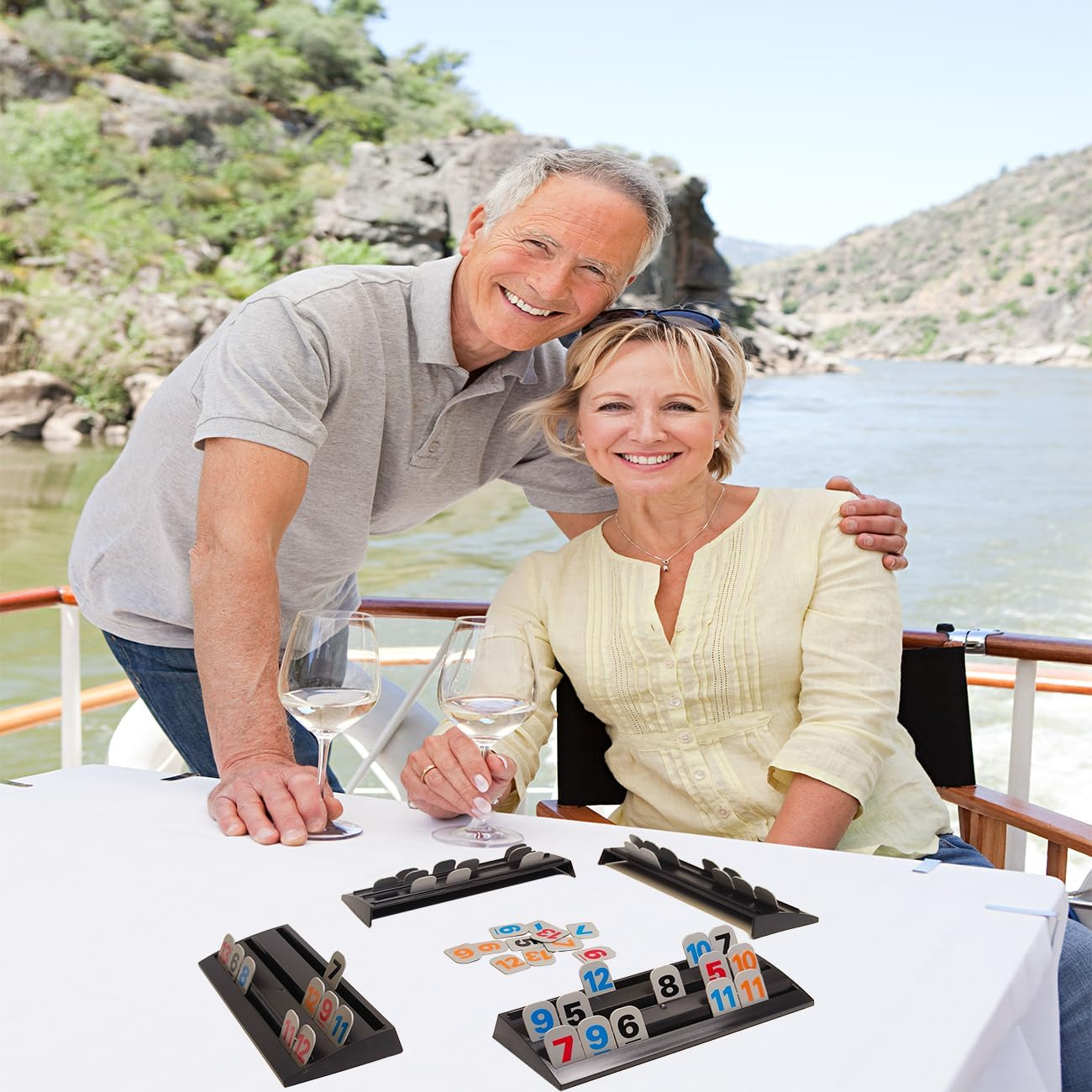 Rummy Tiles Game Set with 4 Double Tier Tile Racks Trays Rummy Cube Playing Racks in Travel Bag for Family Classic Board Games Travel Game Mini Rummy Game for Adult and Kids image number 2