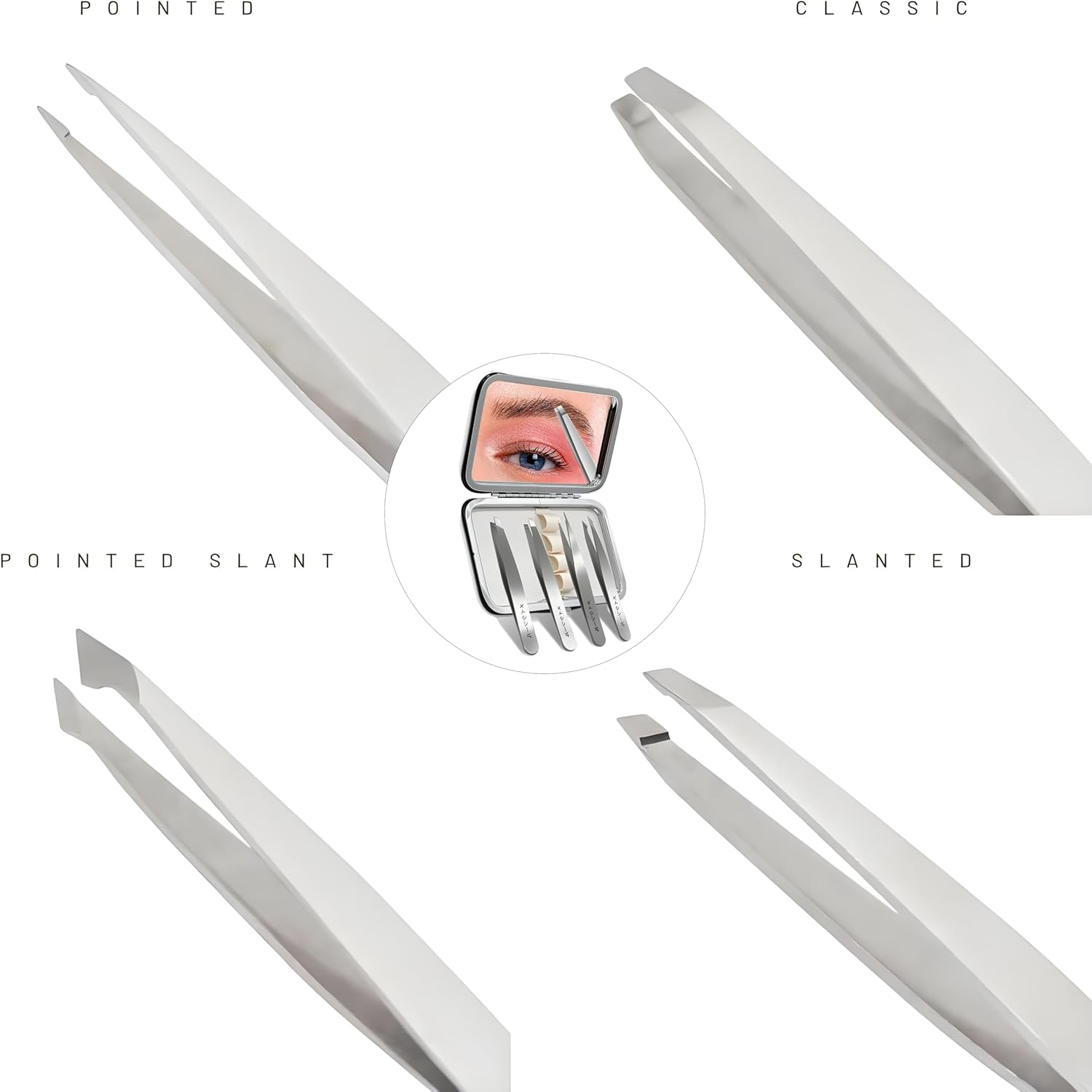 Eyebrow Tweezers Set with Mirror and Leather Travel Case,Ideal for Gifts, Professional Stainless Steel Tweezers for Plucking Eyebrows, Facial Hair, and Removing Ingrown Hair, 4 Pack image number 2