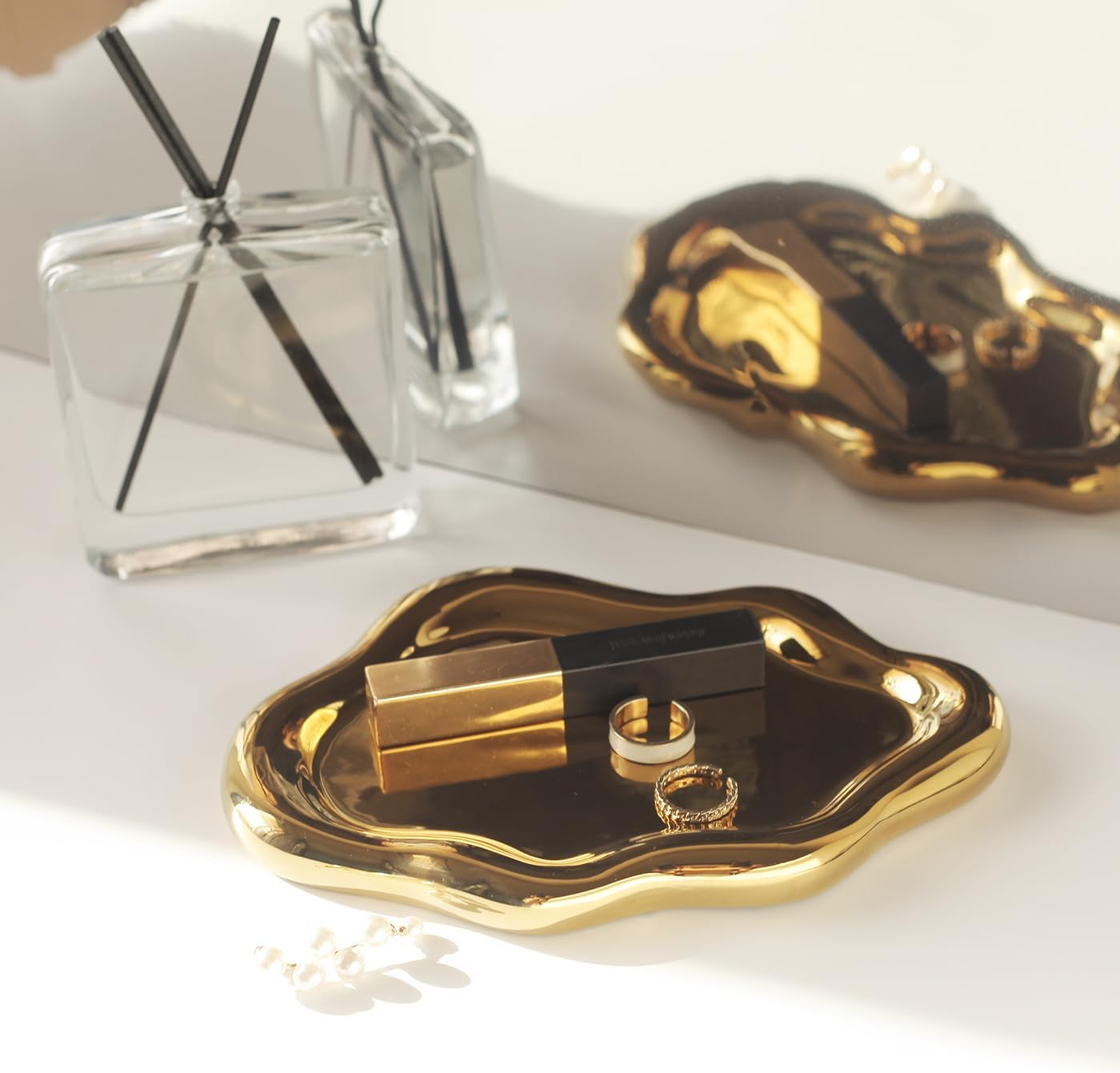 Jewelry Dish Trinket Tray for Women, Ring Dish Holder, Unique Cloud Shape Ceramic Plate Cute Things Vanity Aesthetic Room Decor Mother'S Day Birthday Christmas Warm House Gifts (Gold) JT001 - Bow Cream image number 5