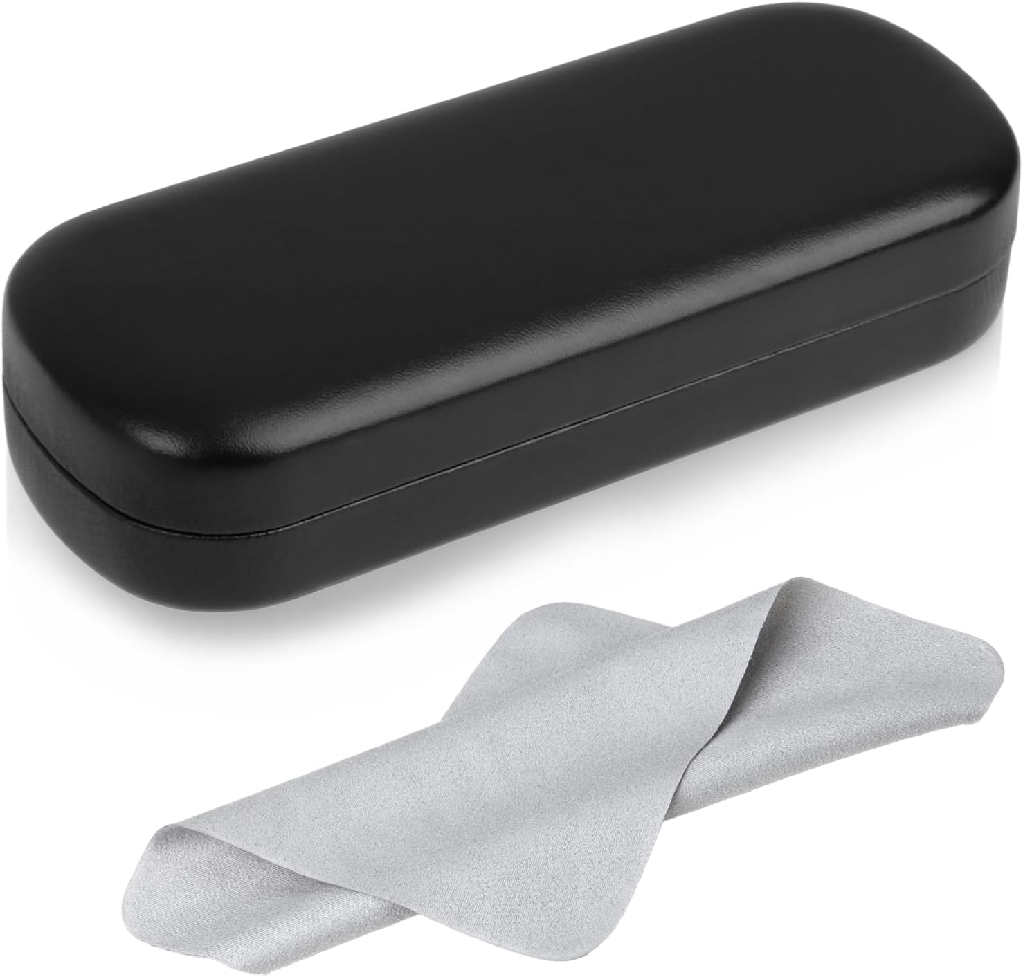 Black Glasses Case, Large Hard Shell Eyeglasses Case with PU Leather Cover, Durable Protective Case for Men & Women, Fits Sunglasses &  Glasses, Includes Soft Grey Cleaning Cloth