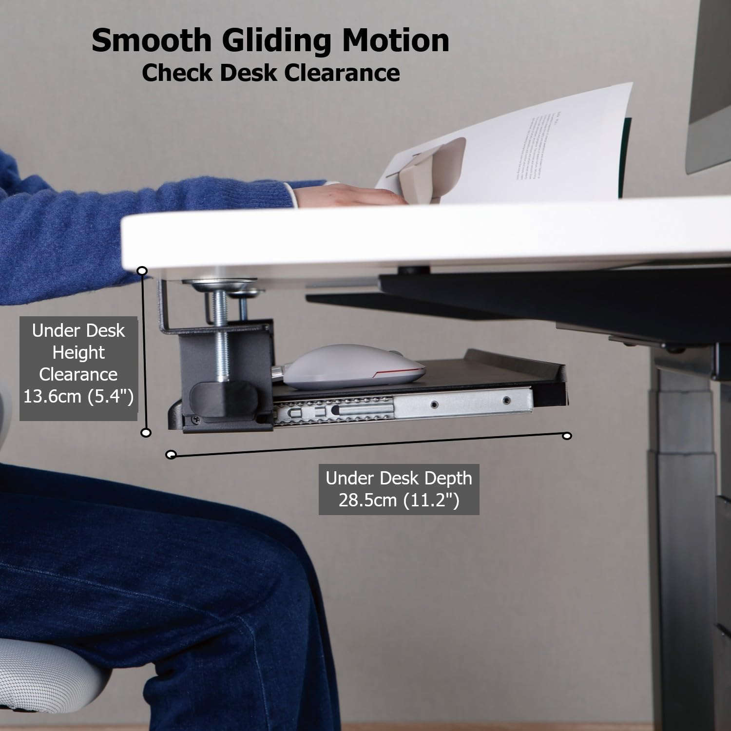 Officeozone Keyboard Tray, Clamp-On, 68Cm (26.8"), Tool-Free Tilt, ABS & Steel, Black