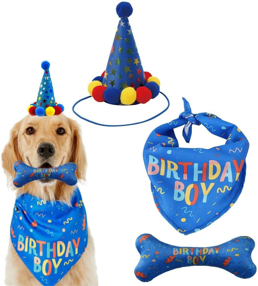 Dog Birthday Party Supplies,Dog Birthday Bandana Hat Set Pet Happy Birthday Party Supplies Triangle Bibs with Cute Bone Dog Birthday Scarf Accessories and Decoration for Extra Large Dogs Pets image number 2