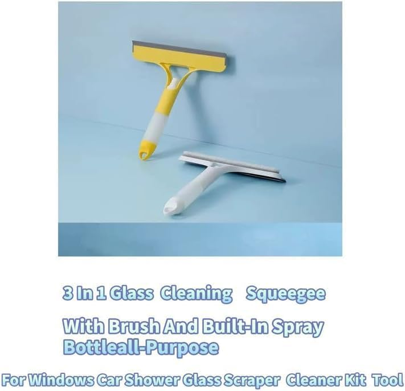 3-In-1 Window Glass Squeegee Cleaning Scraper, with Brush and Built-In Spray Bottle, Universal Household Glass, Floor, Car Screen, Bathroom Mirror Cleaning Kit Tool (Yellow) - White image number 5