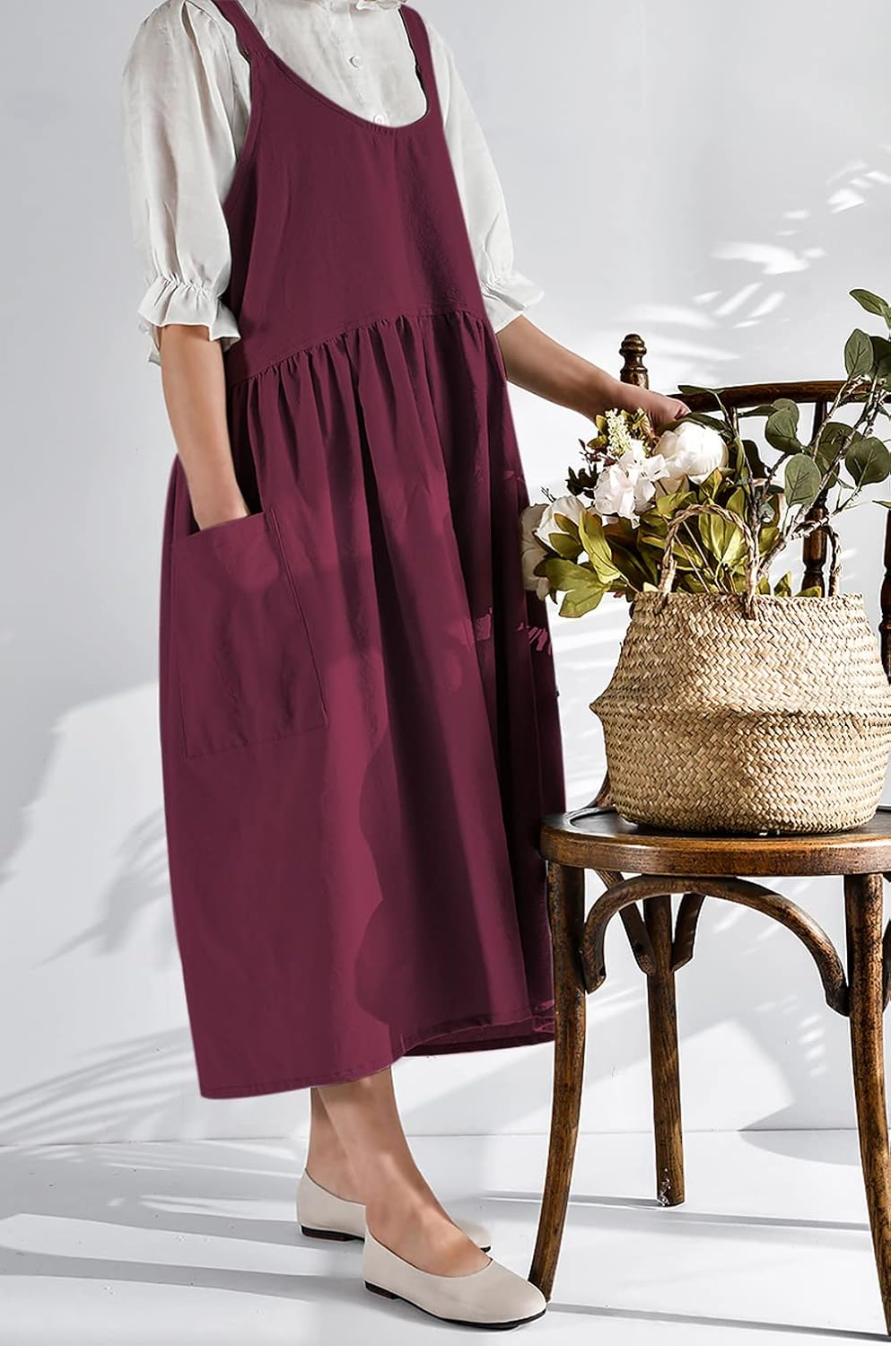 NEWGEM Cotton Linen Cross Back Apron for Women with Pockets Cute Japanese Korean Style Pinafore Dress Purplish Red, 1 Magenta Apron without Waist Ties, One Size