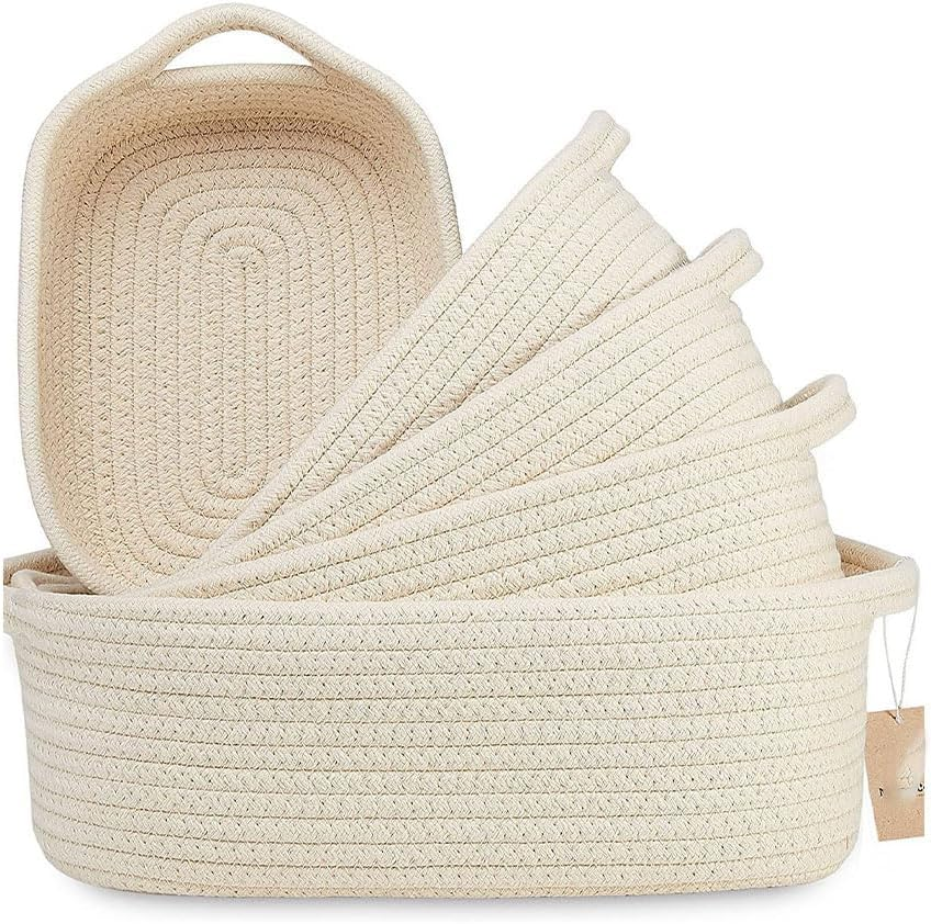 5Pcs Rectangle Storage Basket, Natural Cotton Rope Woven Baskets, Decorative Bins Woven Storage Basketry with Handle for Organizing Clothes Toy Pet Household Use Items image number 4