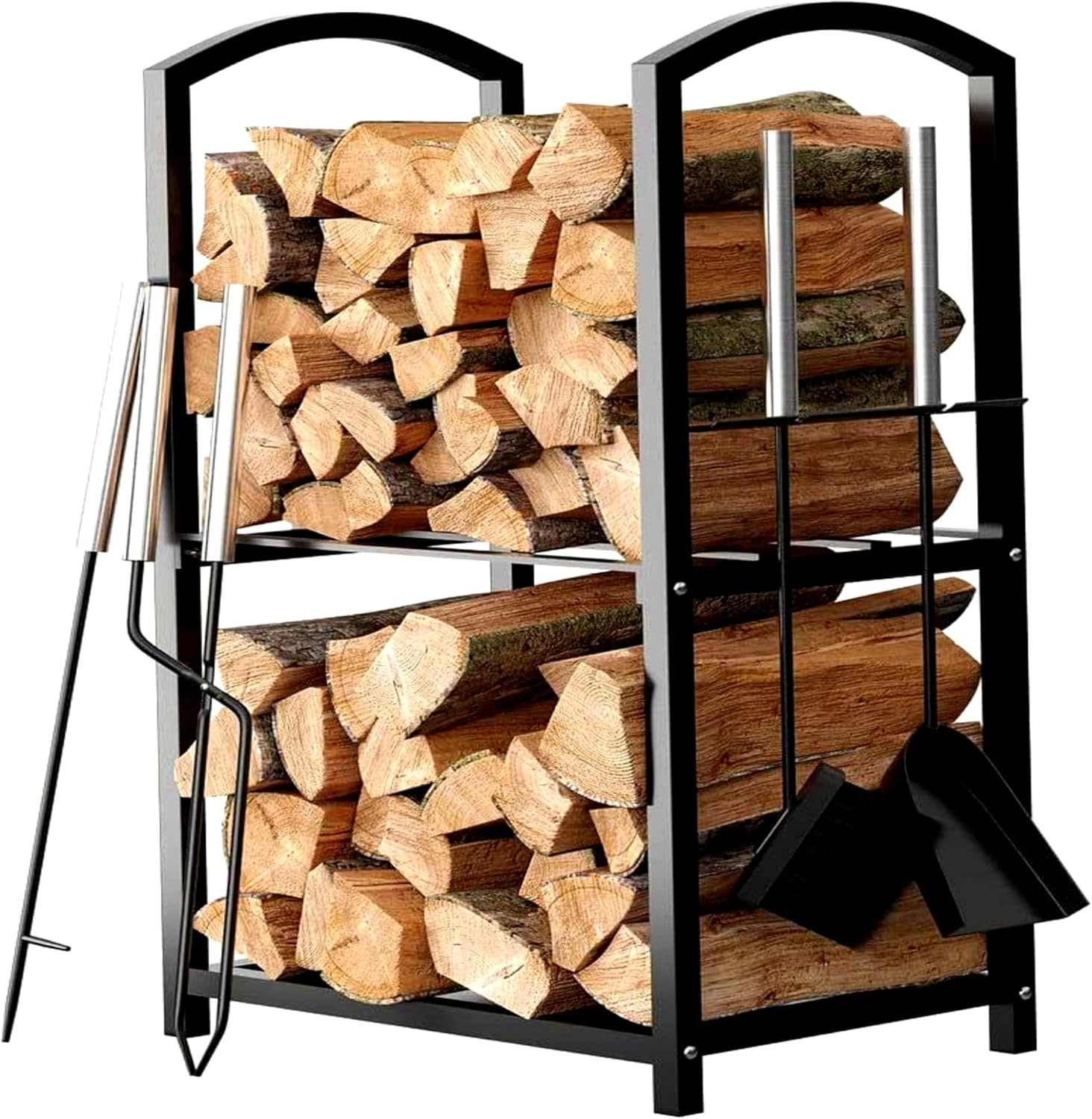 HOME IT Firewood Rack Outdoor Indoor - 2-Tier Firewood Holder with Fireplace Tools Set, Brush, Shovel, Poker, Tongs - Waterproof Steel Pipe Log Holder, Black Stove Wrought Iron - 17X12X29 image number 2