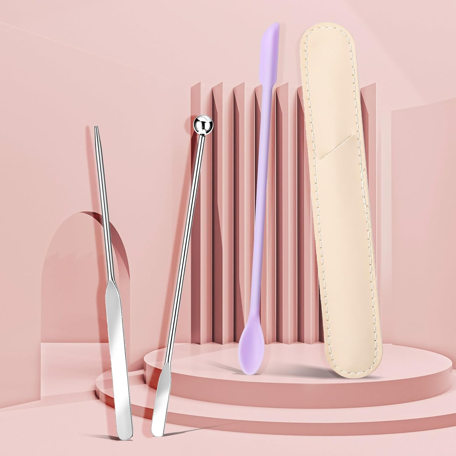 Makeup Spatula, Stainless Steel Depotting Spatula with Silicone Cosmetic Tools Make up Accessories for Cosmetics Mixing Blending Foundation Small Area of Face image number 3