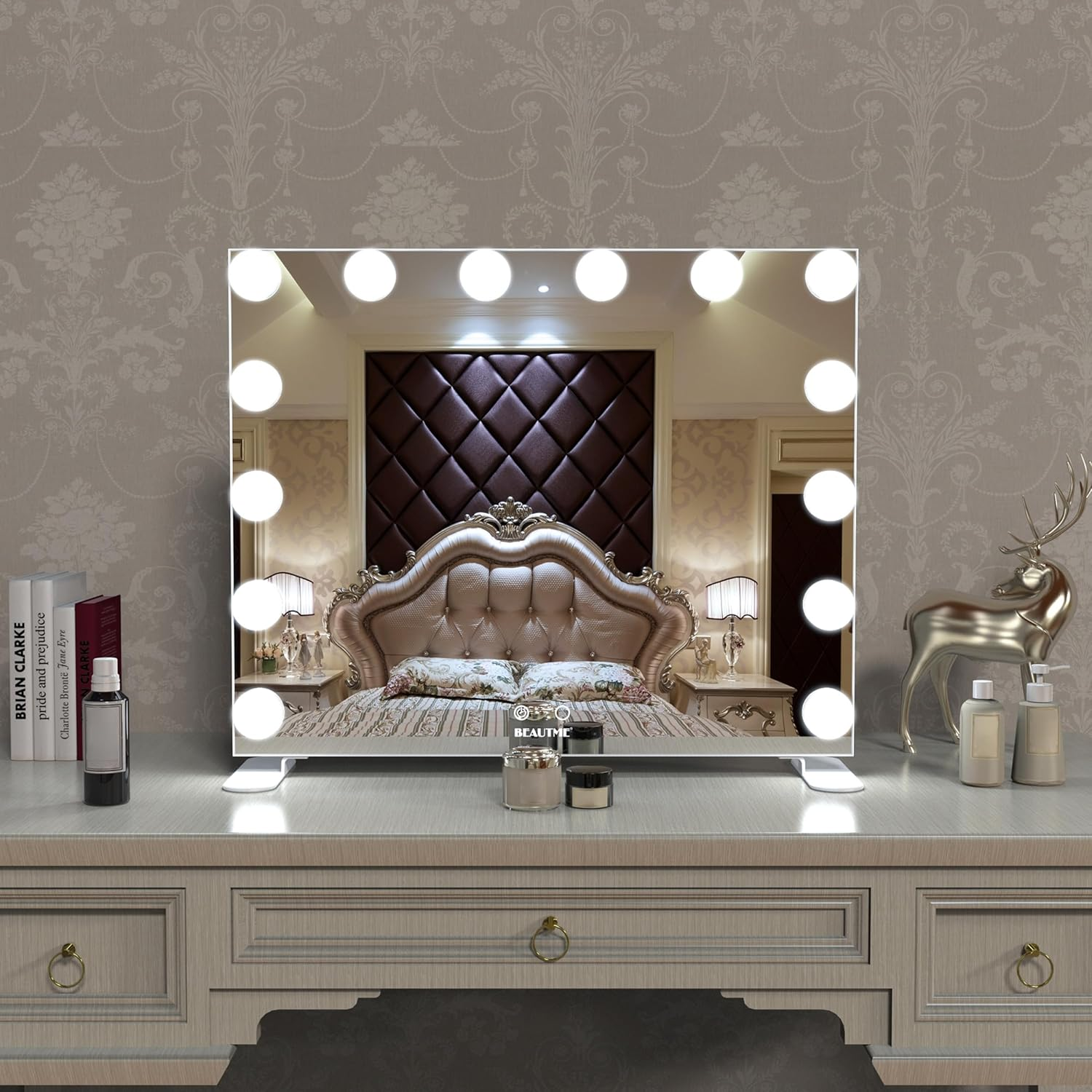 Vanity Mirror with Lights, White Hollywood Lighted Makeup Mirror with 14 Dimmable LED Bulbs for Dressing Room & Bedroom, Tabletop or Wall-Mounted, 60X50.7Cm image number 1