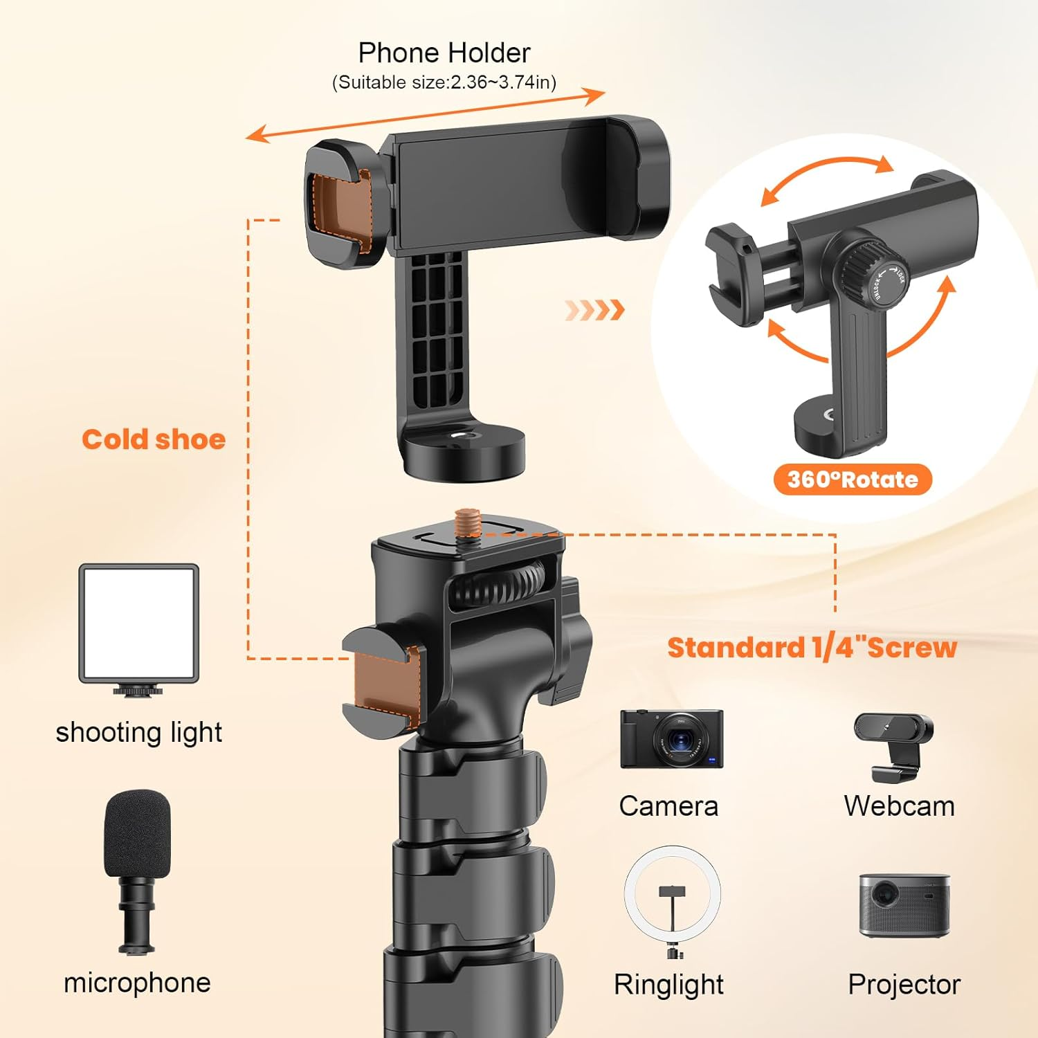 XXZU 67"/170Cm Phone Tripod,Camera Tripod Stand with Remote and Phone Holder, Premium Aluminum, Extendable, Lightweight Selfie Stick Travel Tripod for Iphone/Android Phone/Camera/Webcamera image number 3
