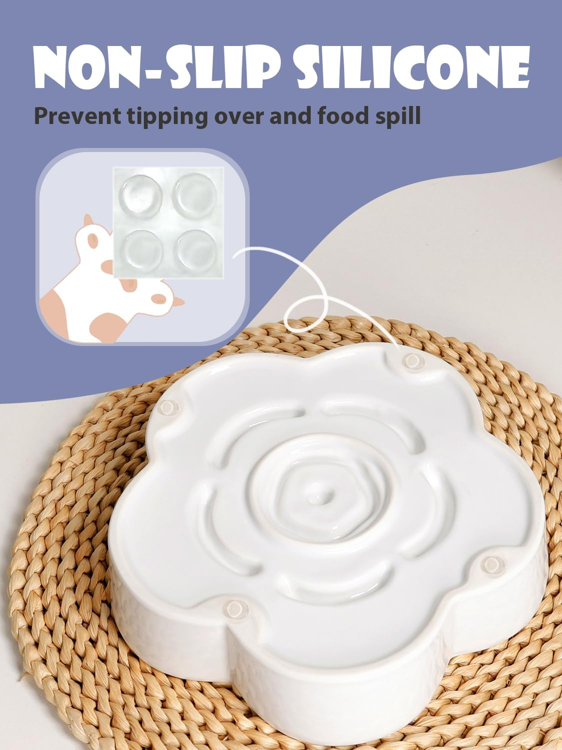 Ceramic Slow Feeder Dog/Cat Bowl, Anti-Choking Slow Food Bowls, 8" 11.3Oz Slow Feeder for Medium, Large Breeds, Plum Puzzle Design, Non-Slip Silicone, Dishwasher and Microwave Safe, White image number 2