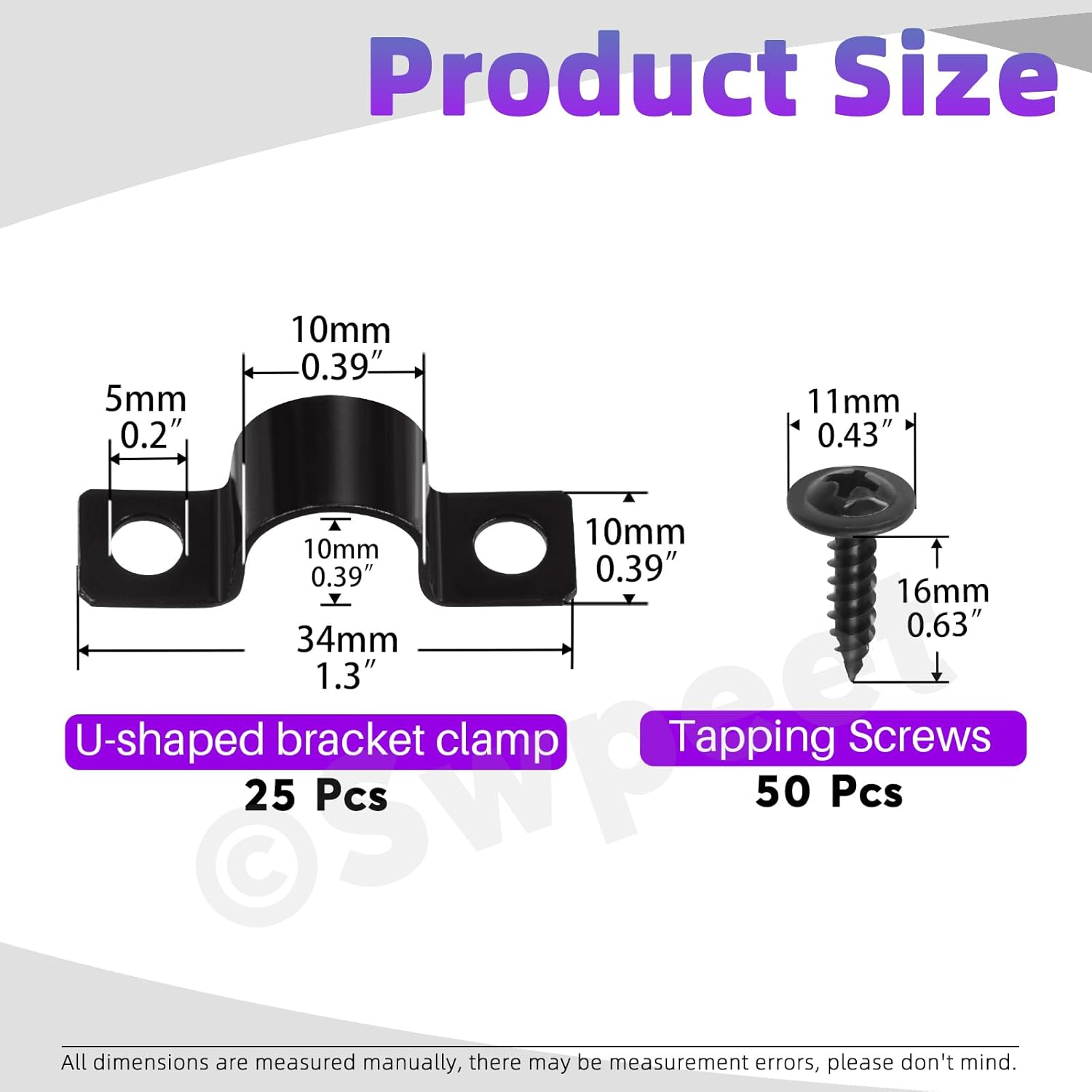 Swpeet 25Pcs 10Mm Two Hole U Bracket Clamp with 50Pcs Self-Tapping Screws Kit, U-Clamps, Metal Pipe Clamps, Pipe Strap Clamps, Conduit Tension Clips for Fixing Pipe or Cable image number 5