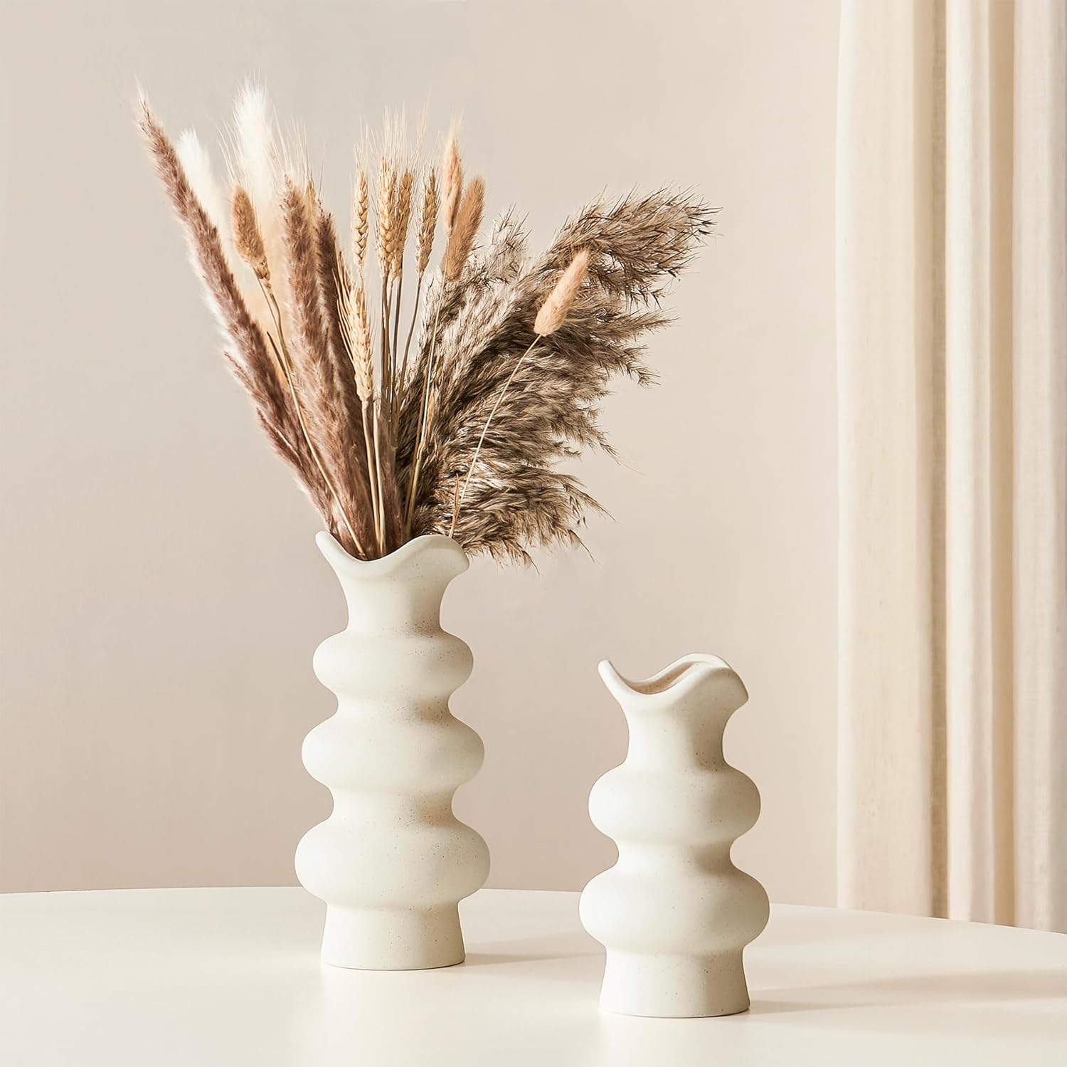 Modern Decorative White Ceramic Vases for Home Decor 8.3 Inch, Fall Minimalist Vase for Pampas Grass, Boho Flower Vase, Aesthetic Cream Vase image number 4