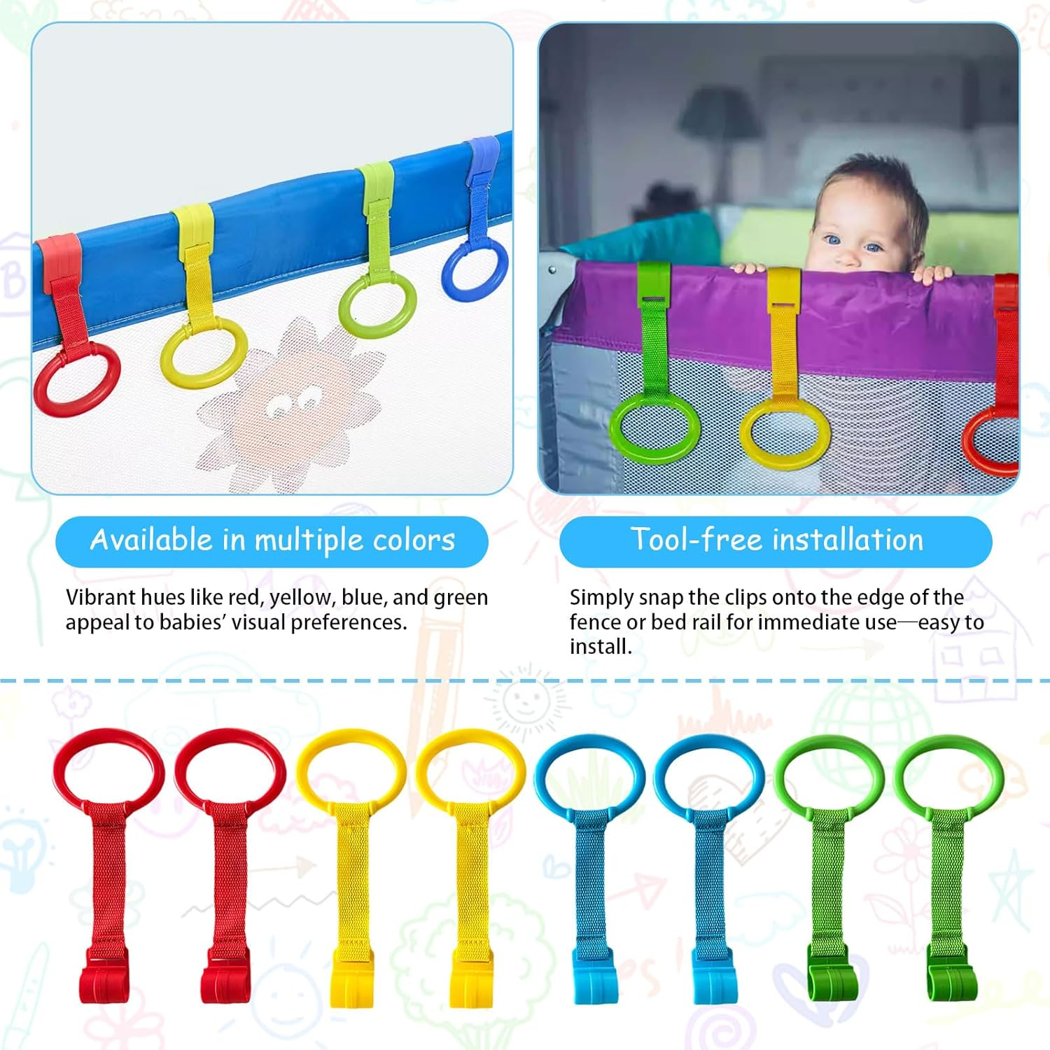 8 Pcs Baby Pull up Rings for Playpen and Crib, Toddler Stand-Up Assistant and Walking Exercise Tool, Durable Hanging Rings to Enhance Infant Development to Walk in Multiple Colour Options image number 2