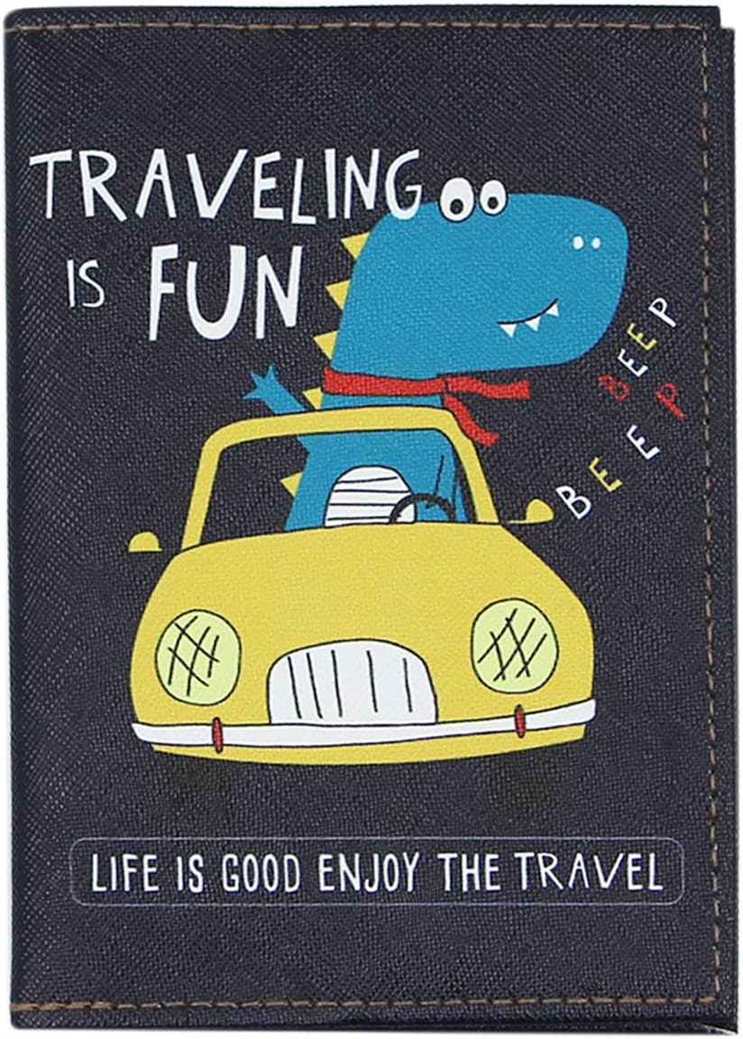 Cute Vegan Leather Passport Holder Cover World Map Travel One Pocket Passport Case Wallet for Kids Teens Adults, Dino-Blue-Plane, One Size, Compact