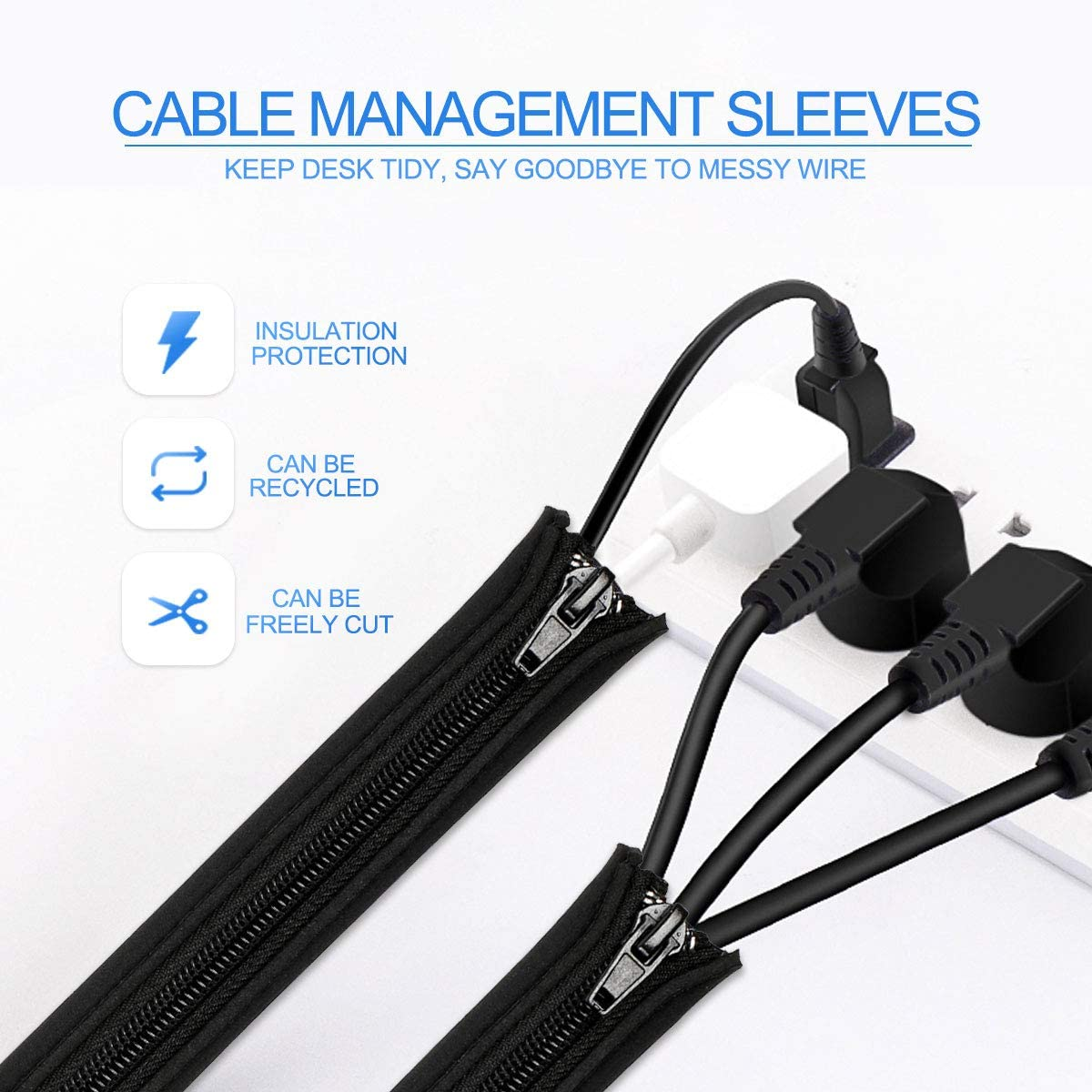Teskyer Cable Management Sleeves, 20 Inch Cord Organizer Sleeve with Zipper, 4 Pack Wire Wrap Covers, Cable Organizer Sleeves for TV, Computer, Office, Home Entertainment, Black image number 5
