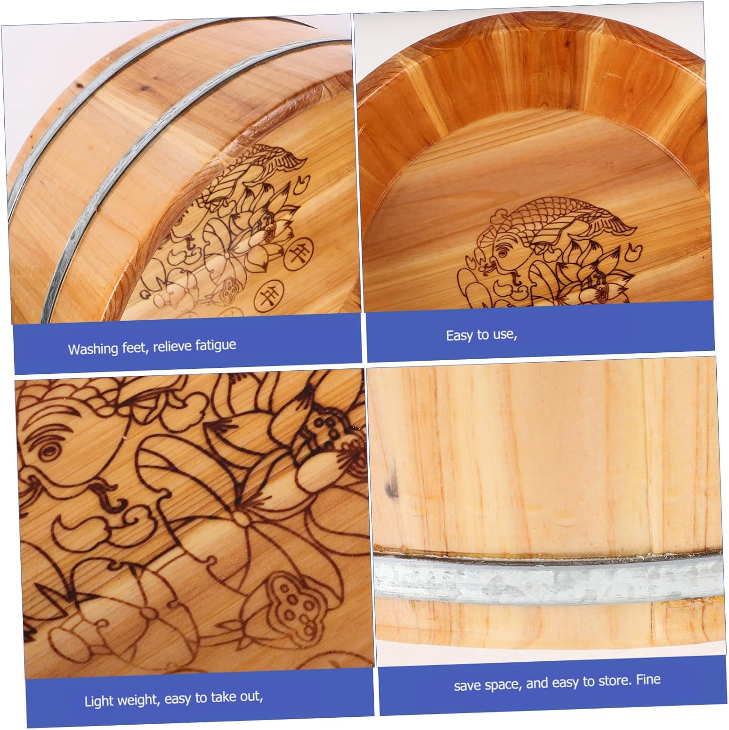 Ipetboom Wooden Foot Bath Bucket, 36Cm Wood Foot Tub for Soaking Feet Pedicure Bowl Spa Foot Massage Pedicure Barrel round Foot Bath Basin Foot Soak Tub Pan for Home Sauna