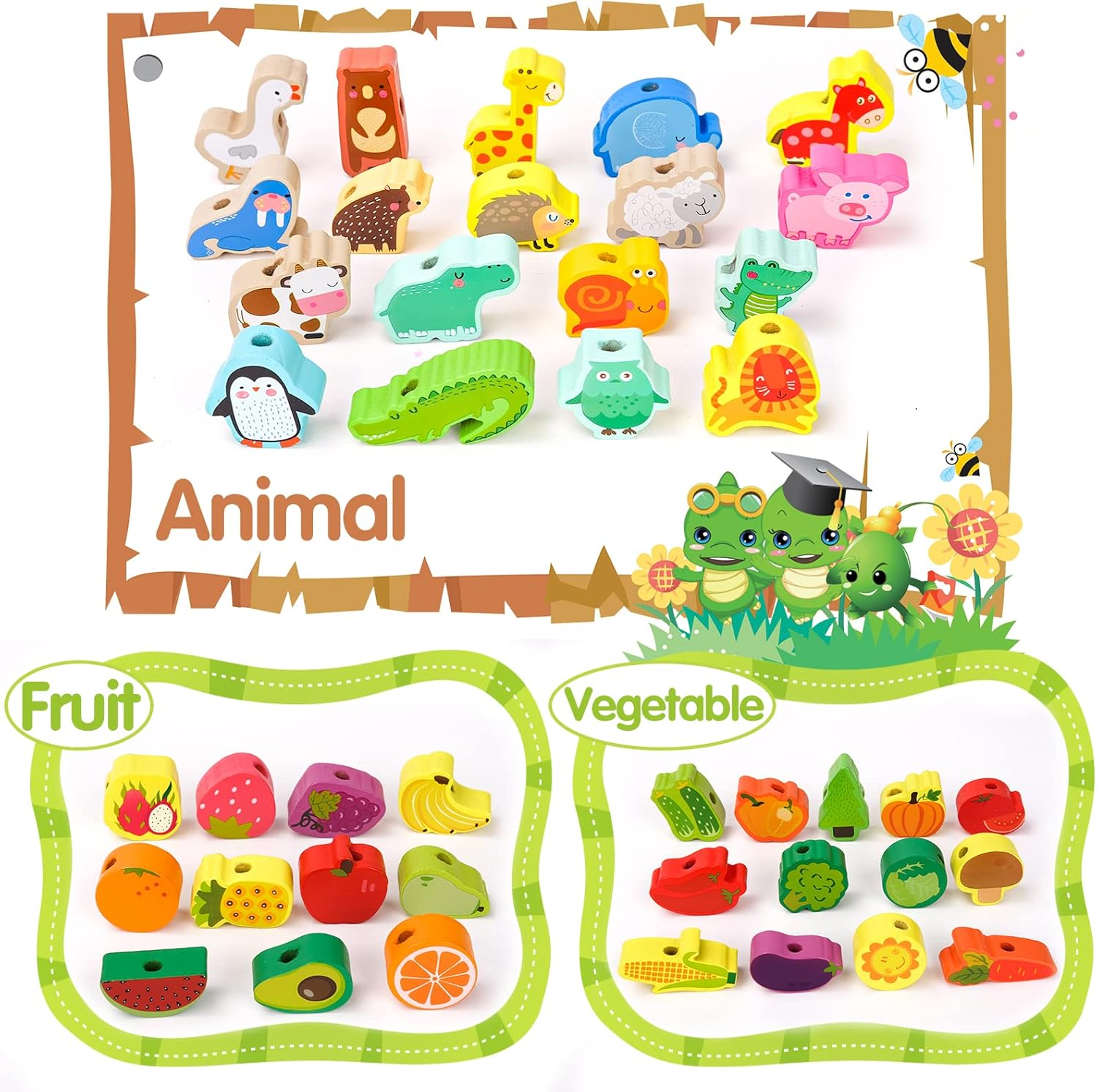 Montessori Toys for Toddlers 2-4 Year Old, Learning & Educational Toys Wooden Fruits & Animals Lacing Travel Sensory Toys for Girls Boys 1 2 3 Year Old Gifts Fine Motor Skills Kids Birthday Present image number 4