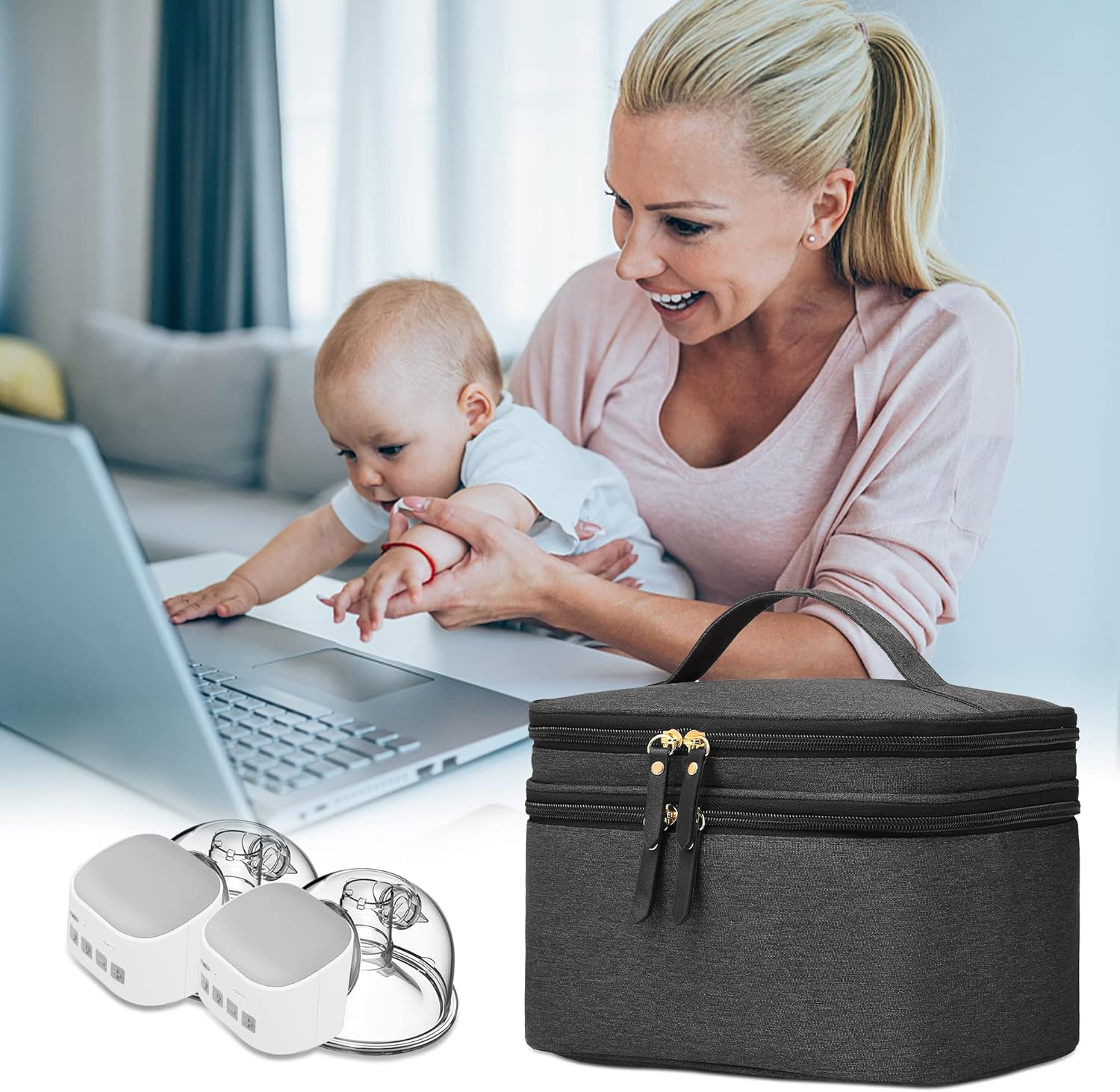 QIUXQIU Breast Pump Bag for Hands-Free Wearable Breast Pumps、Bottles,Pump Parts, and Storage Bag，Tote Bag，Multi-Function Breastmilk Cooler Bag Insulated Bag(Black) - Black+Ice Pack image number 3