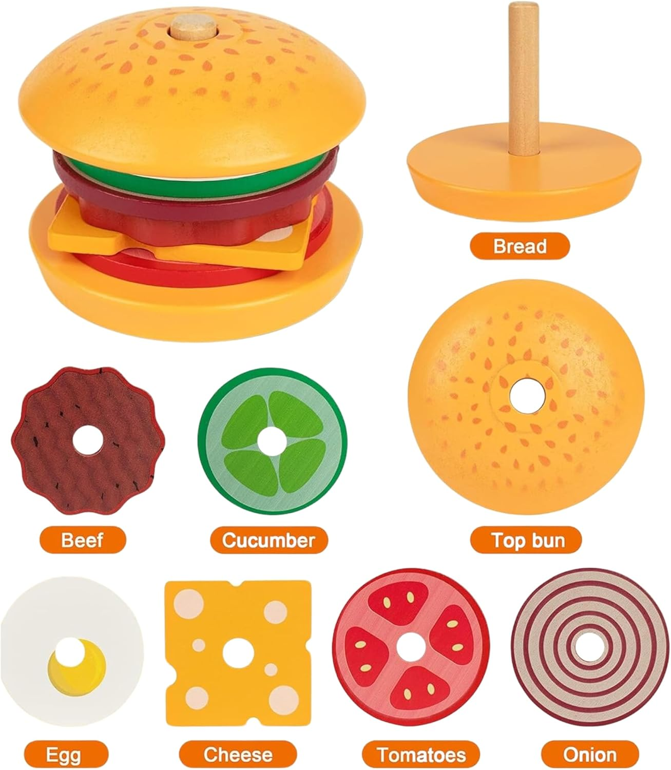 Wooden Stacking Burger Montessori Toy for 3+ Years, Fine Motor Skills, Pretend Play Food Hamburger Puzzle Pattern Games, Educational Activities Teaching Tool for Preschool image number 3