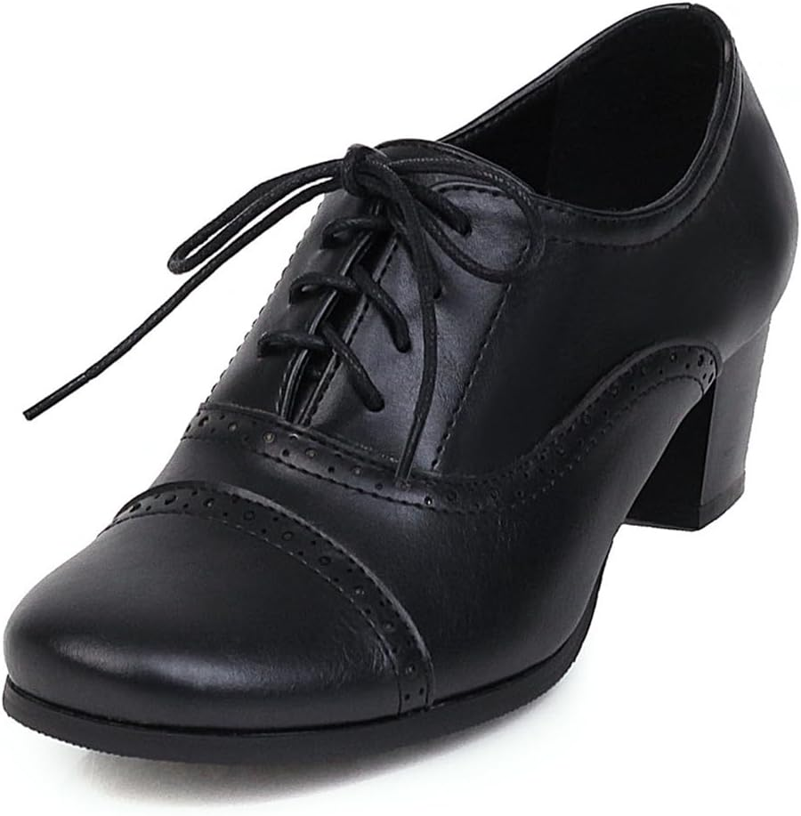 Women'S Oxfords Wingtip Lace up Chunky High Heels Pumps Square Closed Toe Vintage Brogue Dress Shoes