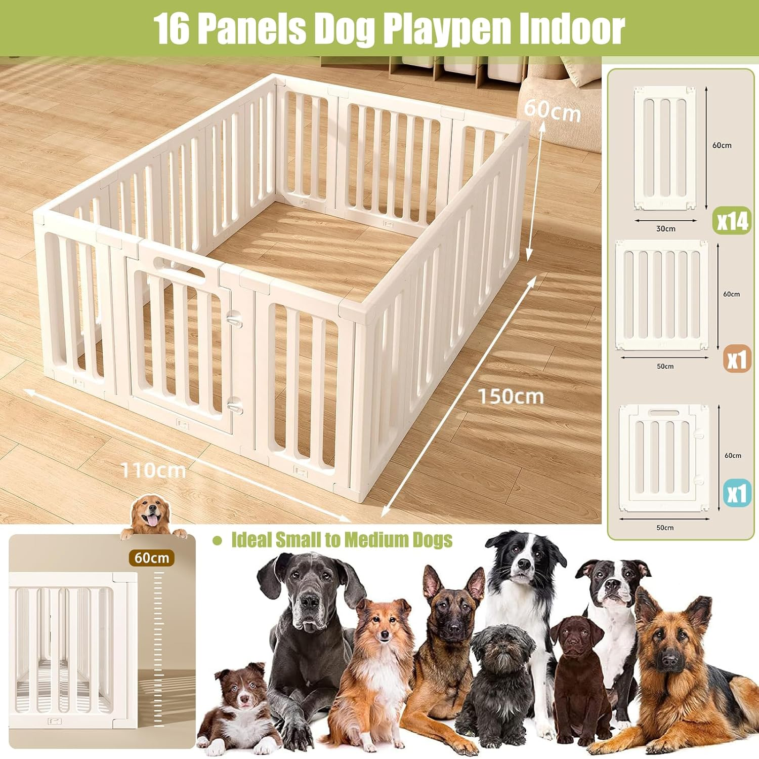 LIODUX Modern Design Pet Pen Fence, 14/16/18 Panels Plastic Puppy Enclosures, Dog Playpen, Easy Assemble Foldable Dog Crate for Puppy Cat Bunny Small/Medium Dogs (16 Panels)