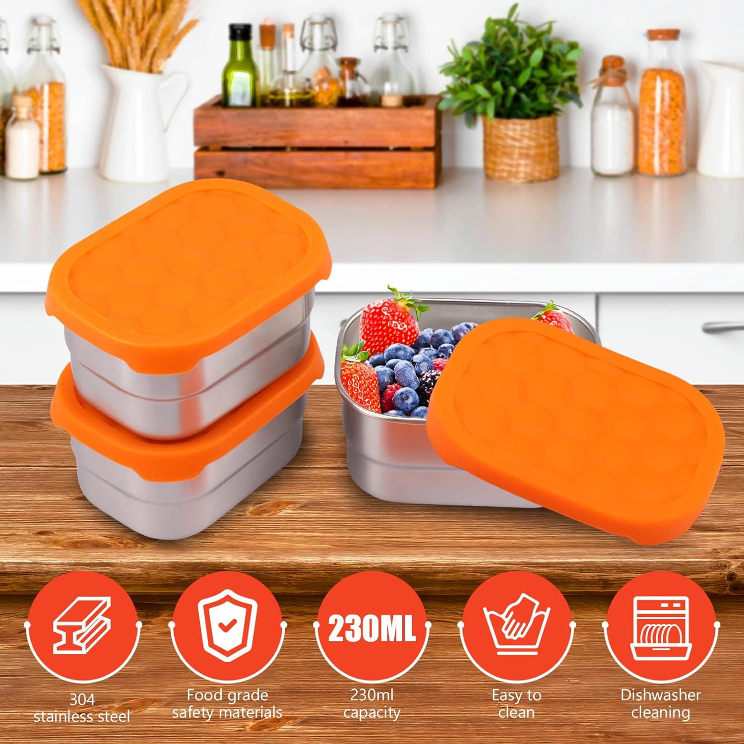 3Pcs 8Oz Stainless Steel Snack Containers for Kids Stackable Rectangle Food Storage Container with Silicone Lids Portable Snack Boxes for School Office Travel Camping (3 Pcs) - 3 Pcs Set image number 2