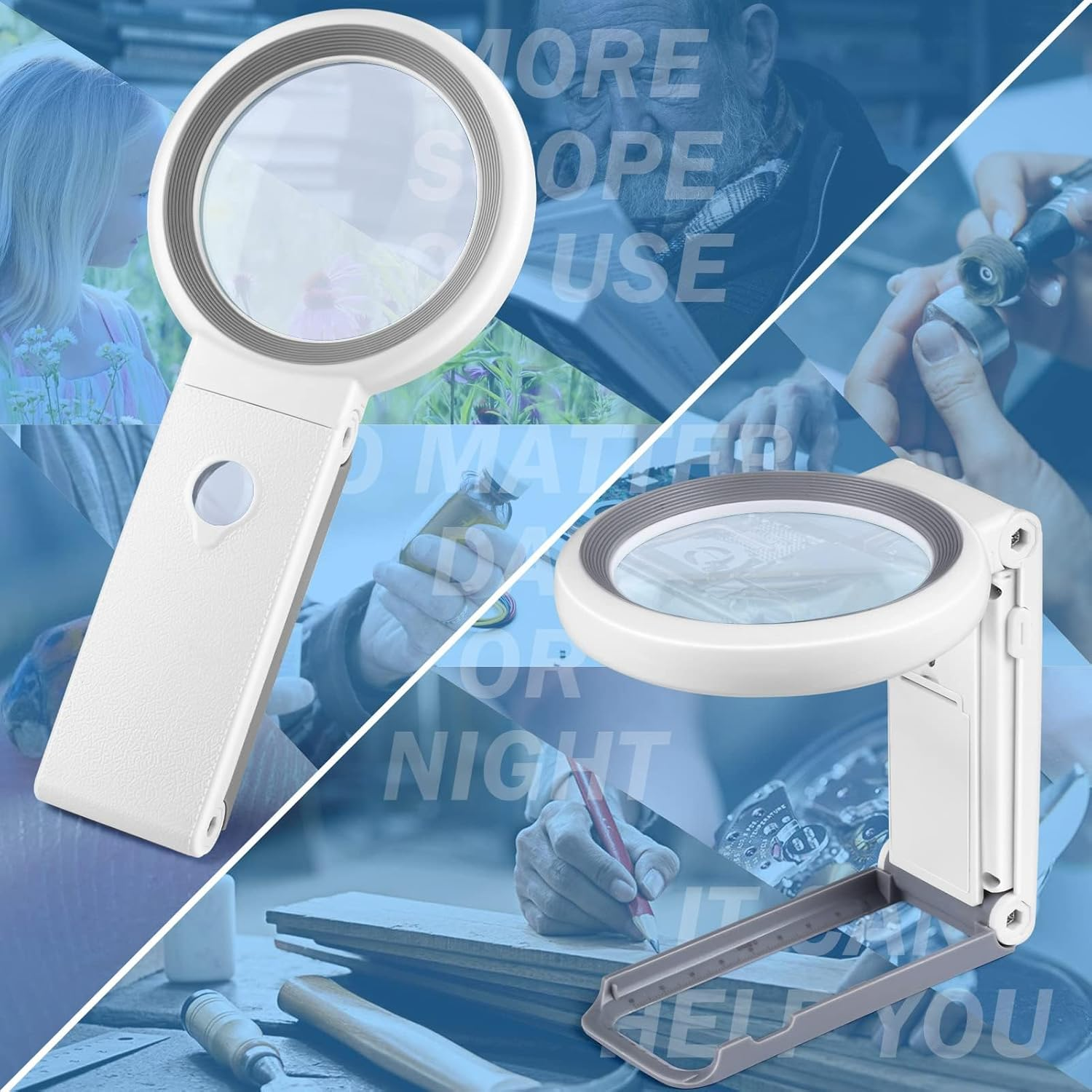 30X 10X Magnifying Glass with Light and Stand, Foldable Handheld Magnifying Glass 18 LED Illuminated Lighted Magnifier for Macular Degeneration, Seniors Reading, Close Work, Coins, Jewelry 1Pcs image number 2