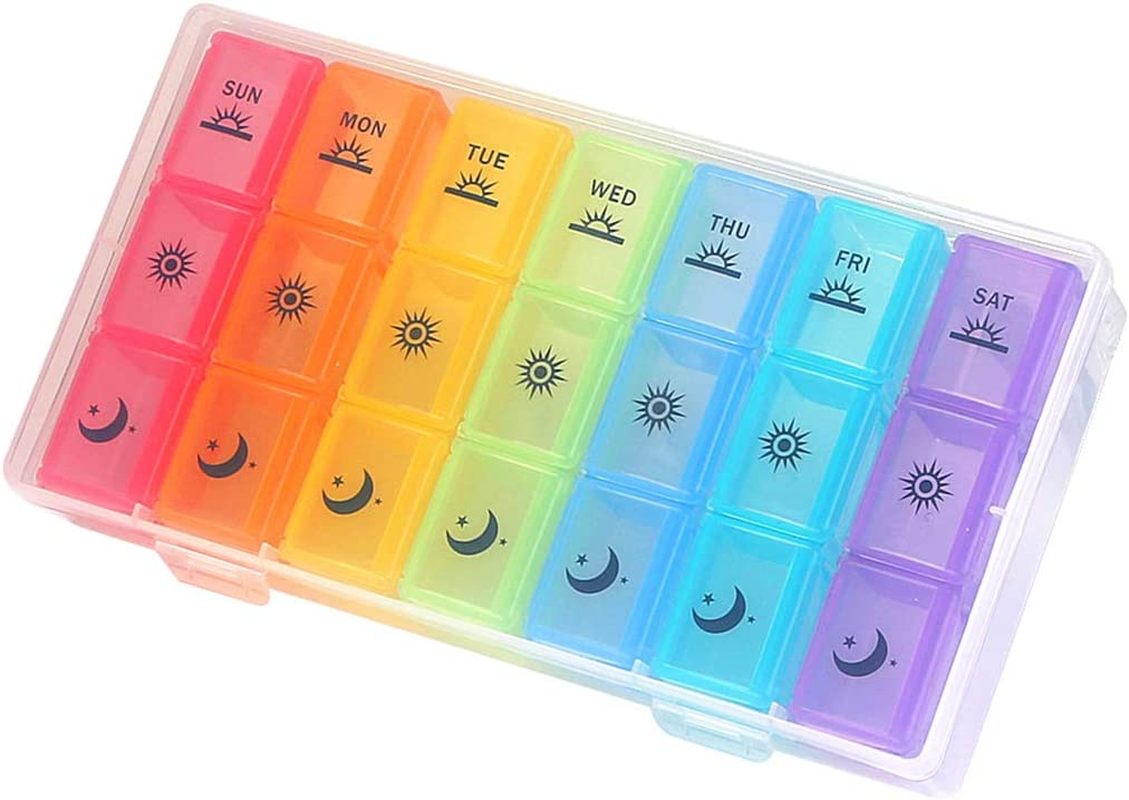 Weekly Pill Organizer,3-Times-A-Day 7 Day Pill Box Large Compartments Moisture-Proof Pill Case Medication Reminder Portable Travel Container for Vitamins Fish Oil Compartments Supplements
