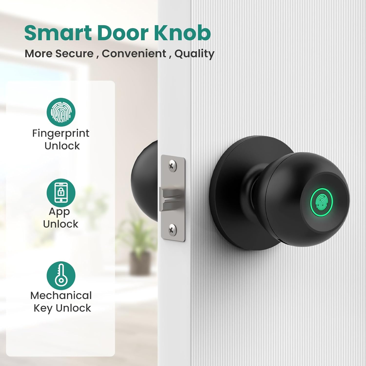 Ghome Smart Fingerprint Door Lock, Door Knob with App Smart Lock for Bedroom Door, Keyless Entry, Type-C Port Emergency Charging, Biometric Lock Great for Room, Garage, Office, Apartment (Matt Black) image number 5