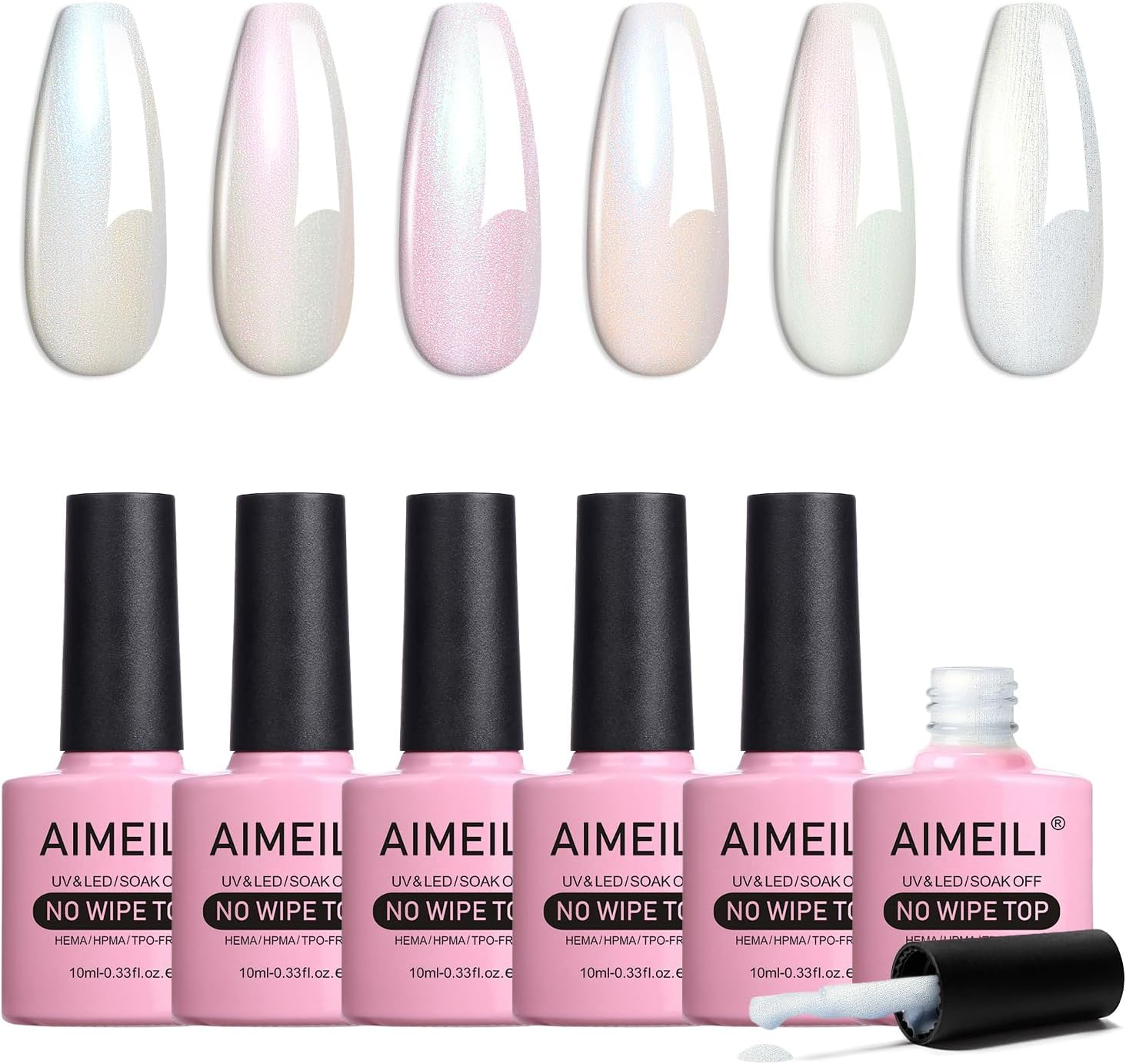 AIMEILI Hema Free Gel Nail Polish Pearl Top Coat 6 Color Set, Cruelty Free, Vegan, 2 in 1 Pearlescent Glitter Glossy Shiny No Wipe Gel Top Coat image number 5