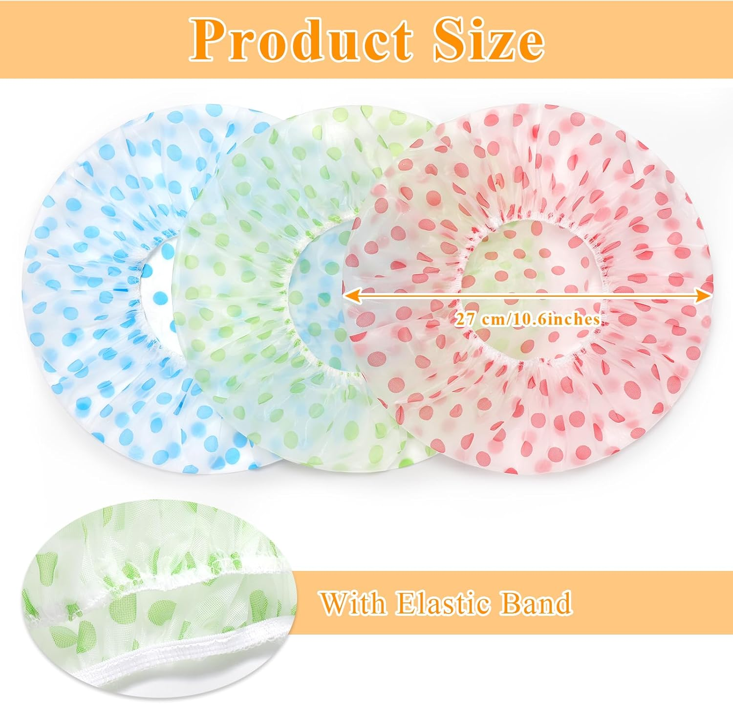 3 Pcs Shower Caps for Women Men,Waterproof Reusable Bath Cap,27Cm Width with Elastic Band, Large Plastic Long Hair Environmental Protection Hats for Ladies Girls Kids Spa Salon (Red+Blue+Yellow) image number 3