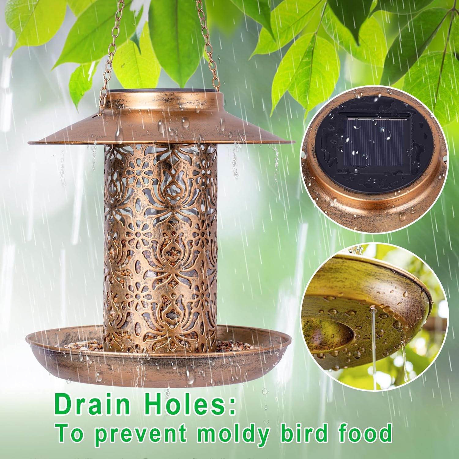 Solar Bird Feeder for Outdoors Hanging, Metal Wild Cardinals Garden Lantern with S Hook, Weatherproof and Water Resistant Birdfeeders as Gift Idea for Women Mom Grandma Bird Lovers (Bronze) image number 4